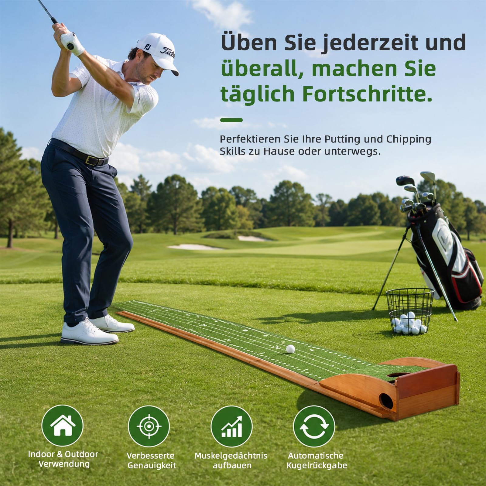 Golf Puttingmatte aus Holz, Minigolf Set für zu Hause, Indoor Putting Green mit Ballrückführung & Anti-Rutsch, 255x25cm Golf Trainingsmatte für Zuhause & Büro