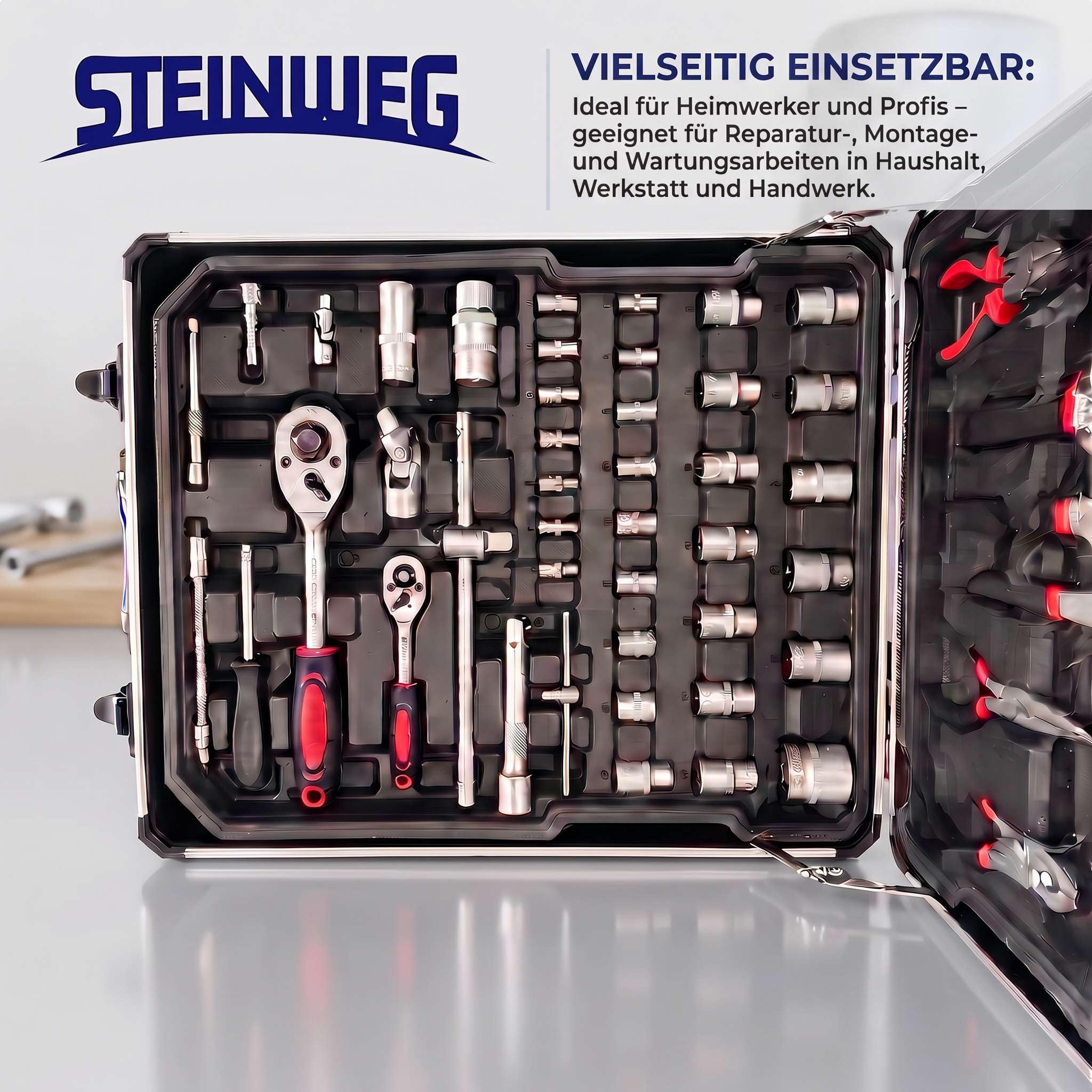 STEINWEG Aluminium Werkzeugkoffer Gefüllt 1400-tlg Werkzeug Set, Profi Werkzeugkoffer befüllt mit Schraubendreher, Schraubenschlüssel, Steckschlüssel, Zange, Hammer, Wasserwaage, komplett mit Werkzeug