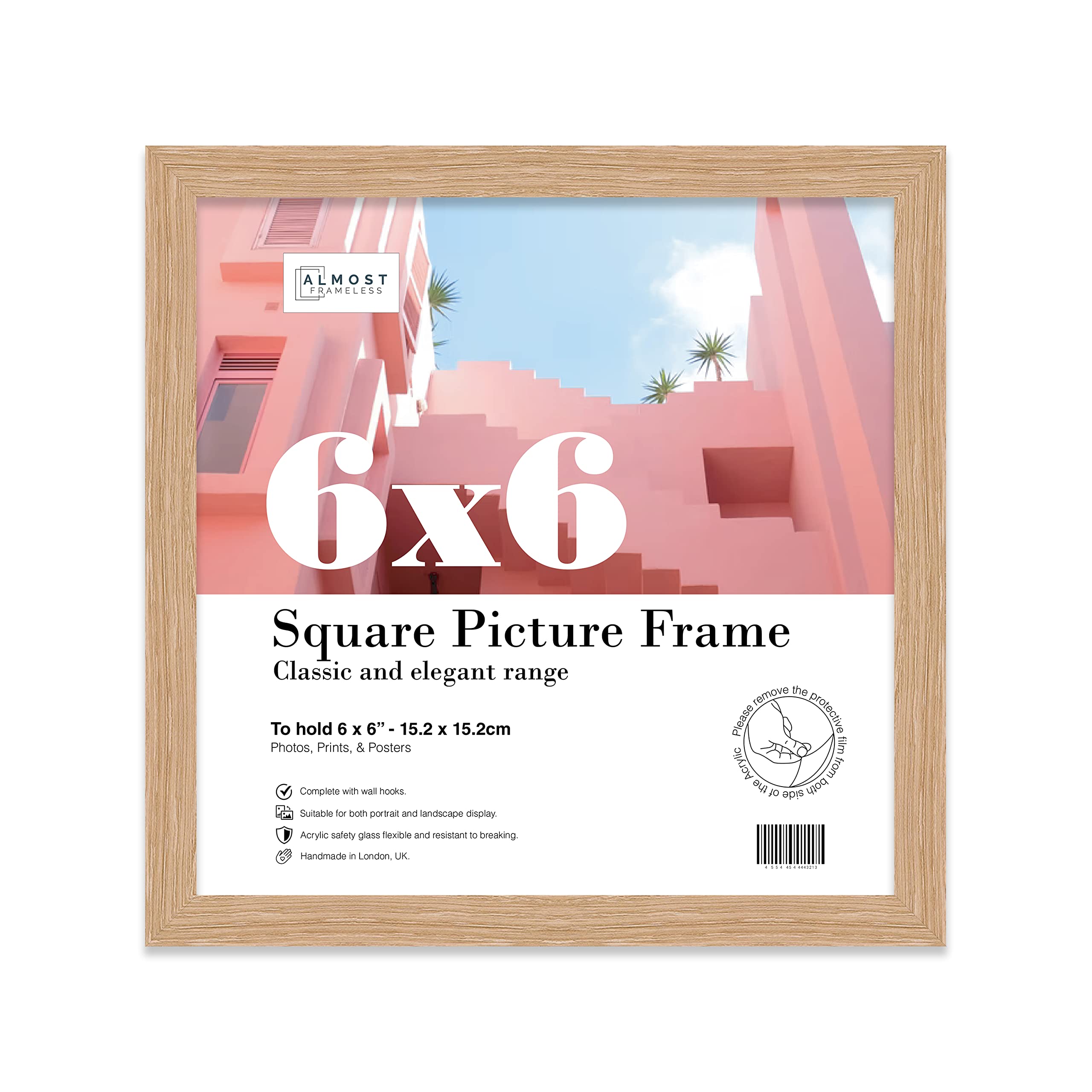 Almost Frameless 6x6 Oak Picture Frame 6"x6" (15.2x15.2cm) Poster, Photo, Artwork, or Print. Thin Edge Slim Frame Portrait and Landscape Display with Wall Hooks