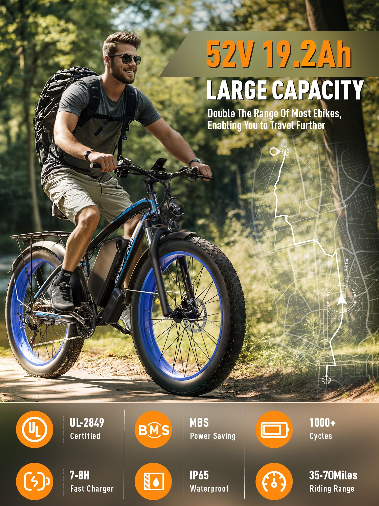 E-Bike für Erwachsene, 26 Zoll Fat Tire Elektrofahrrad, 52V 19,2Ah Akku, bis zu 120 km Reichweite, 250W Motor mit 90Nm Drehmoment, Hydraulische Scheibenbremsen, 21-Gang, für Pendeln & Freizeit