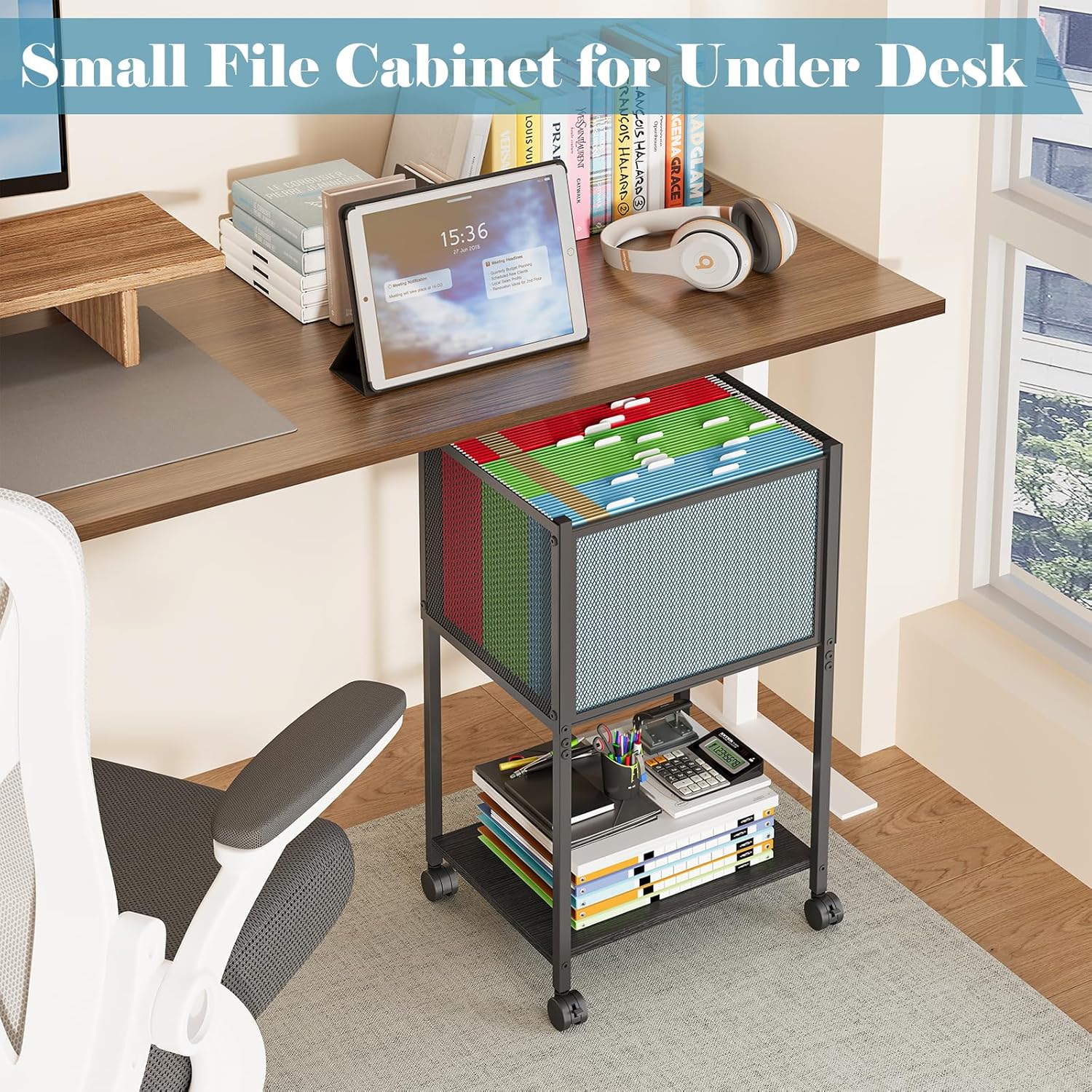 Letter/Legal Rolling File Cart, Narrow Mobile File Cabinet with Wheels Hanging Files, Metal Hanging File Folder Cart File Organizer Under Desk Storage for Home Office, Black