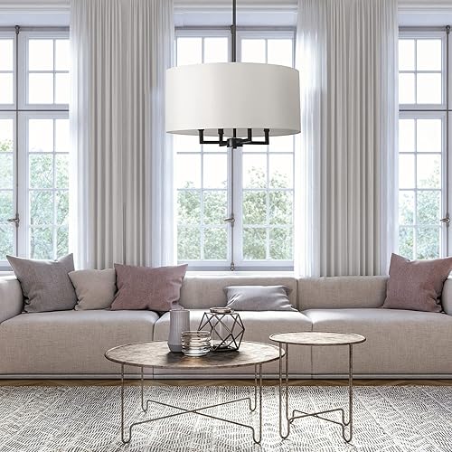 Miniatura 3 de GLOBE Lámpara eléctrica 67000065 de 4 luces, color negro mate, pantalla de tela beige, lámpara colgante moderna para isla de cocina, mesa de comedor