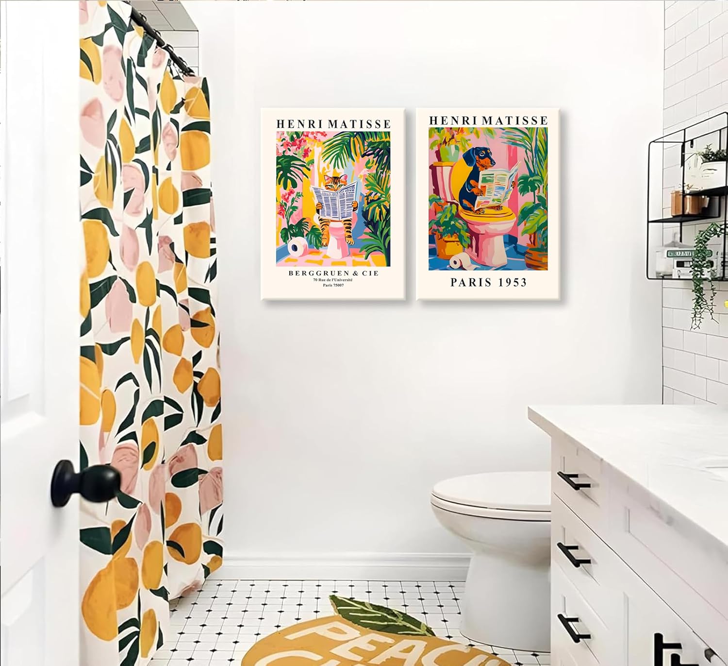 2Pcs Matisse Bathroom Canvas Wall art Cute Tabby Cat Poster Prints Funny Dachshund on The Toilet Painting Quirky Animal Reading Pictures for Bathroom Toilet Wall Decor 12X16in Framed