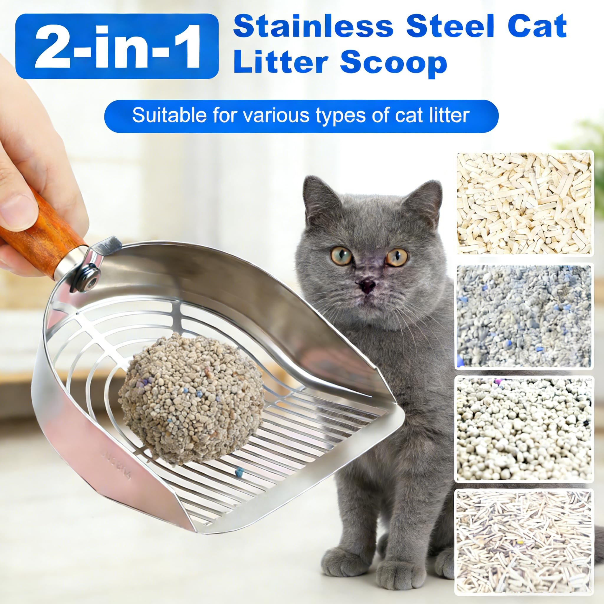 Cat Litter Scoop Metal 304 Stainless Steel, One-Piece Pressed Design with No Weld Spots, Durable Anti-Break Handle, Dual Slot Sizes, with Holder Stand, Easy to Clean, Filters Small Litter Clumps - image 2