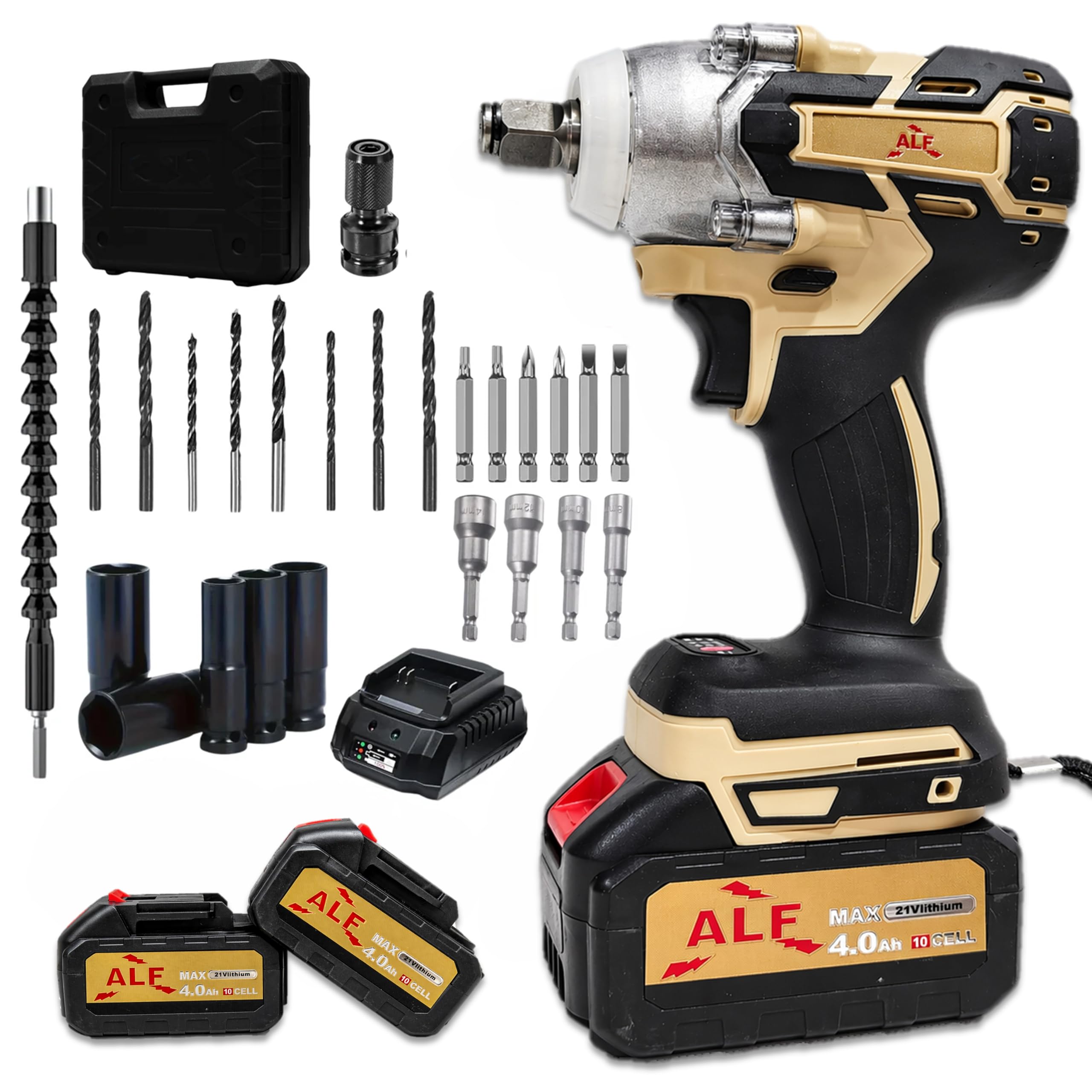 RUTH 4-in-1 Cordless Impact Wrench/Driver Drill 48V, 850Nm Torque, 2×5.0Ah Li-ion Batteries, Variable Speed, LED Light | 30-Piece Kit of Sockets & Bits, Fast Charger & Carry Case.-image-2