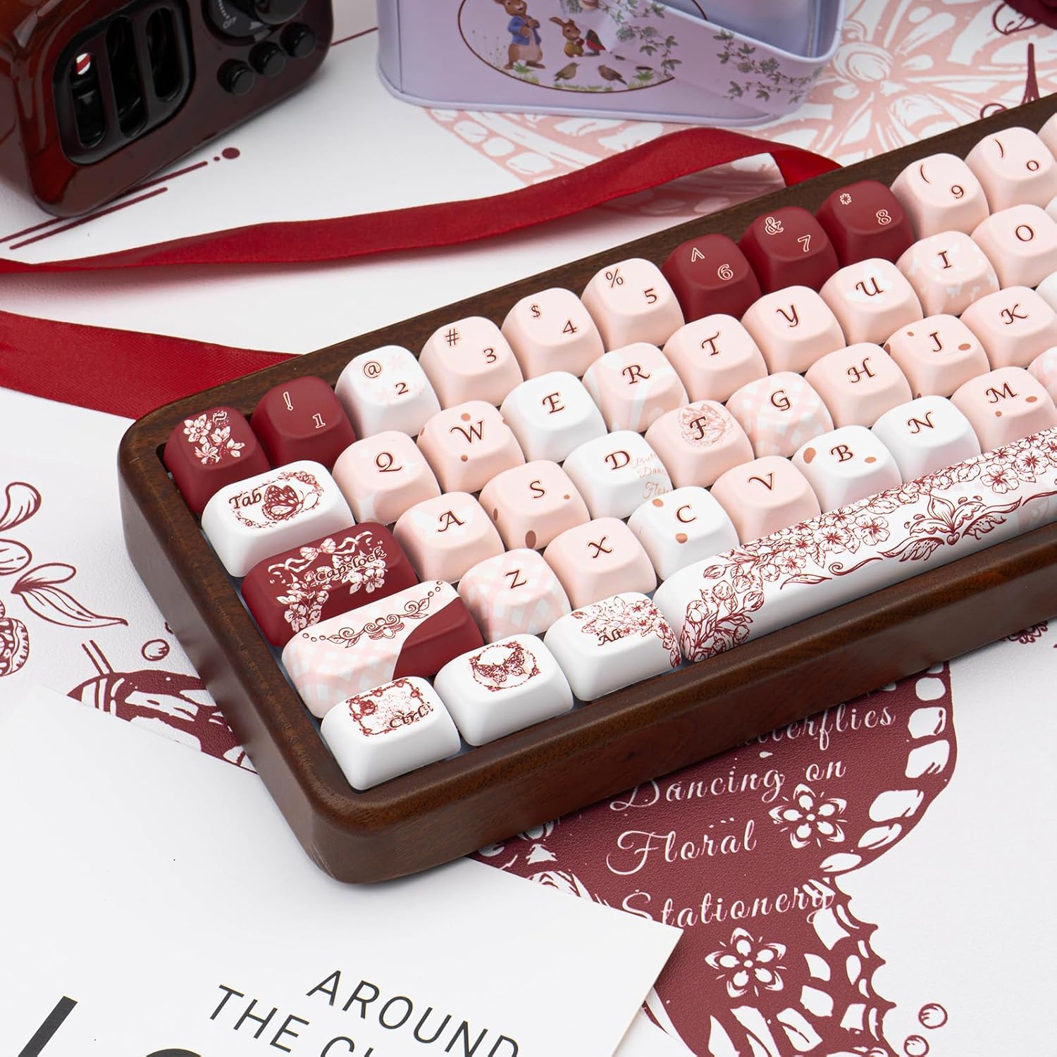 Cute PBT Keycap Set - FOA Profile, 5 Side Dye Sublimation, Red and White Butterfly Custom Key Caps for Mechanical Gaming Keyboard, 145 Keys