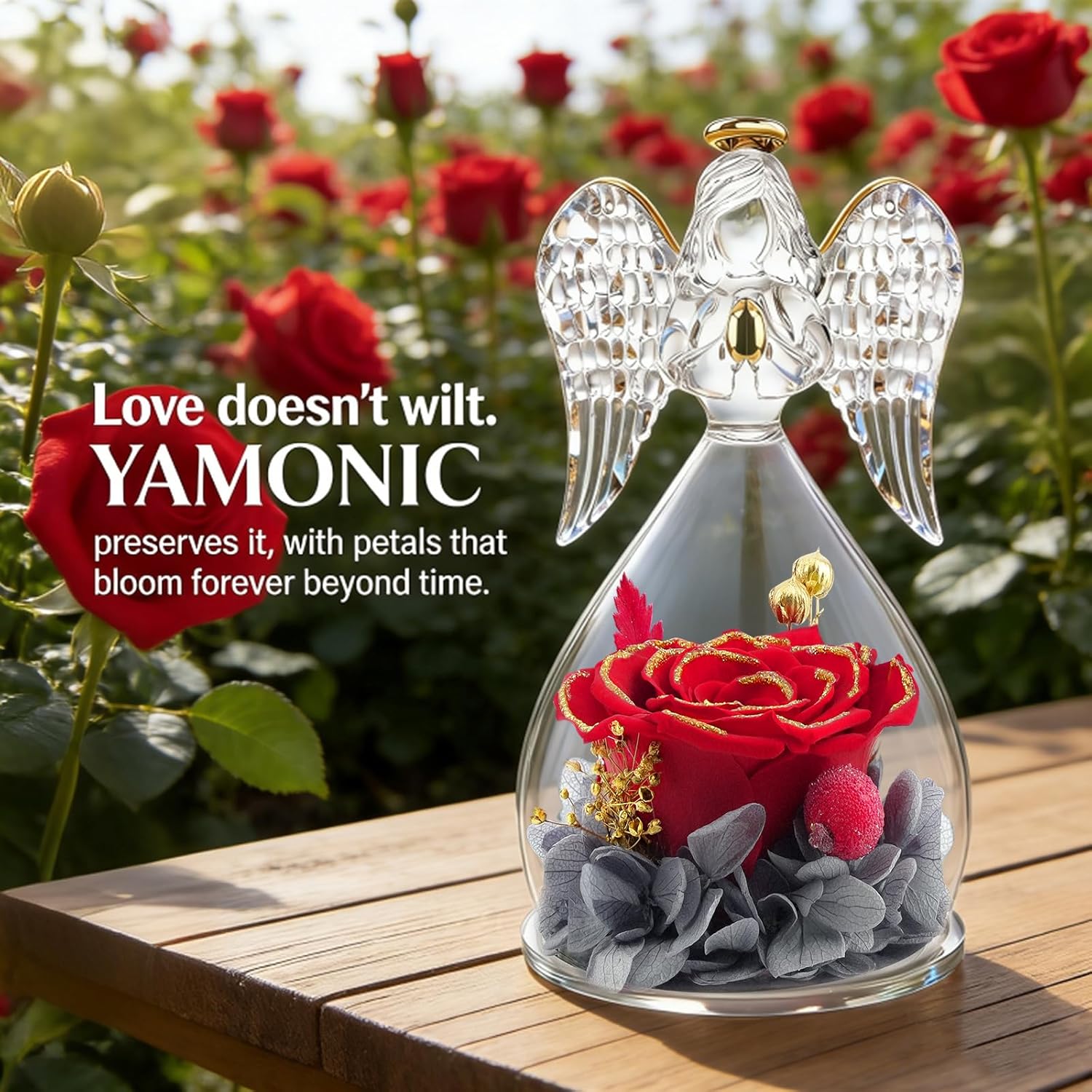 Yamonic Mom Birthday Gifts for Moms, Angel Figurines with Real Rose Gifts for Her Mother Grandma, Preserved Flowers Rose Angel Figurines for Mothers Day Christmas Birthday Gifts for Women(Redgold) - Image 4