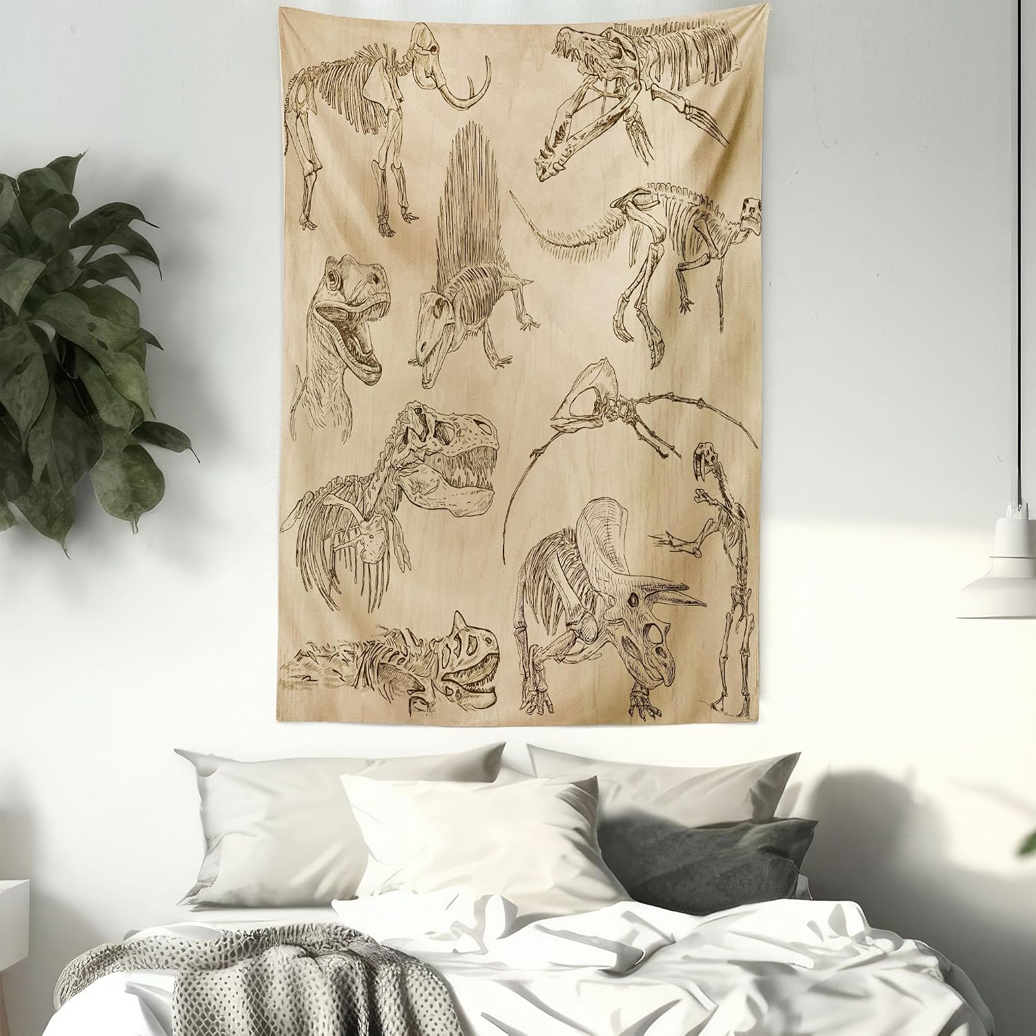 Lunarable Dinosaur Tapestry, Hand Drawn Style Skeletons Bones from Medieval Times Archeology Theme, Wall Hanging for Bedroom Living Room Dorm Decor, 40" X 60", Sand Brown Army Green