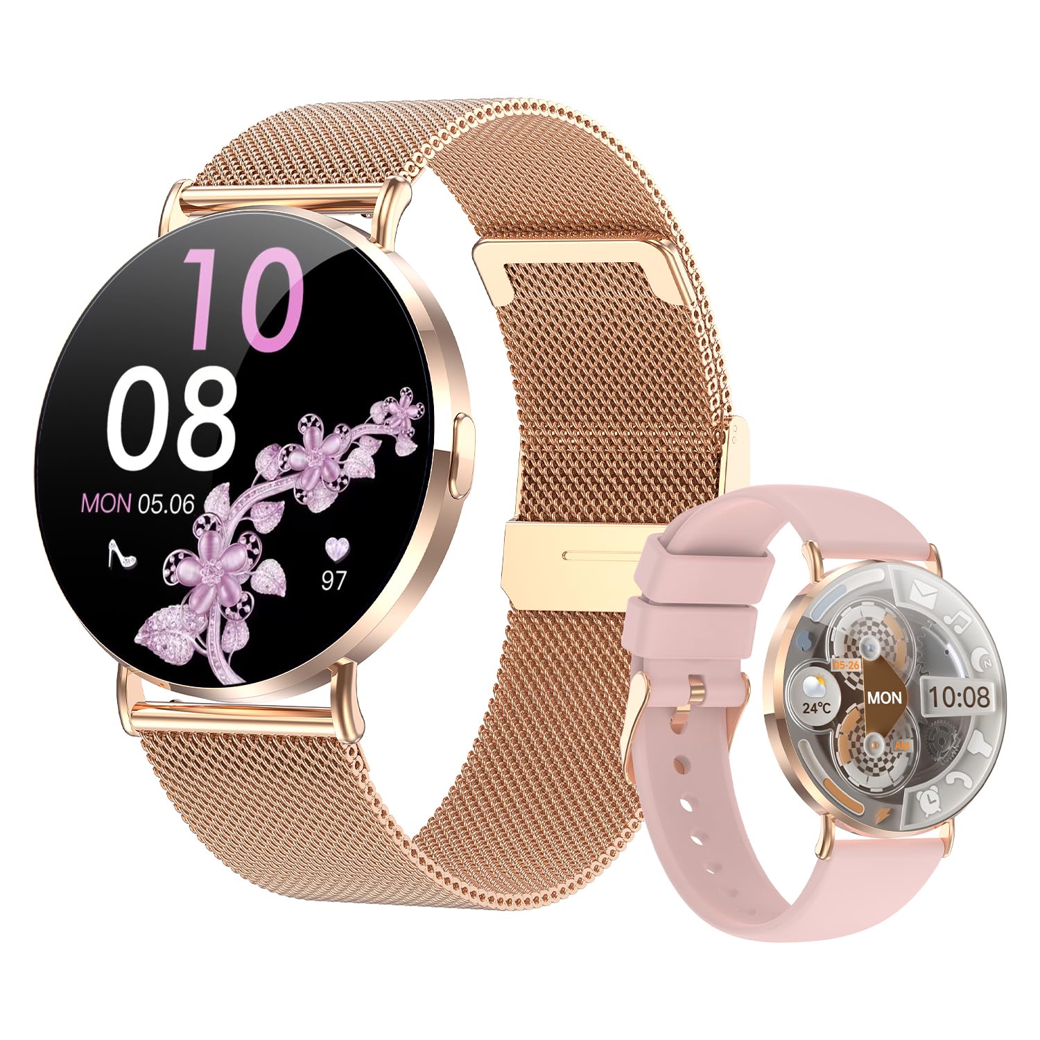 MYHOYI Smart Watches for Women, Rose Gold AMOLED Fitness Tracker, Two Bands