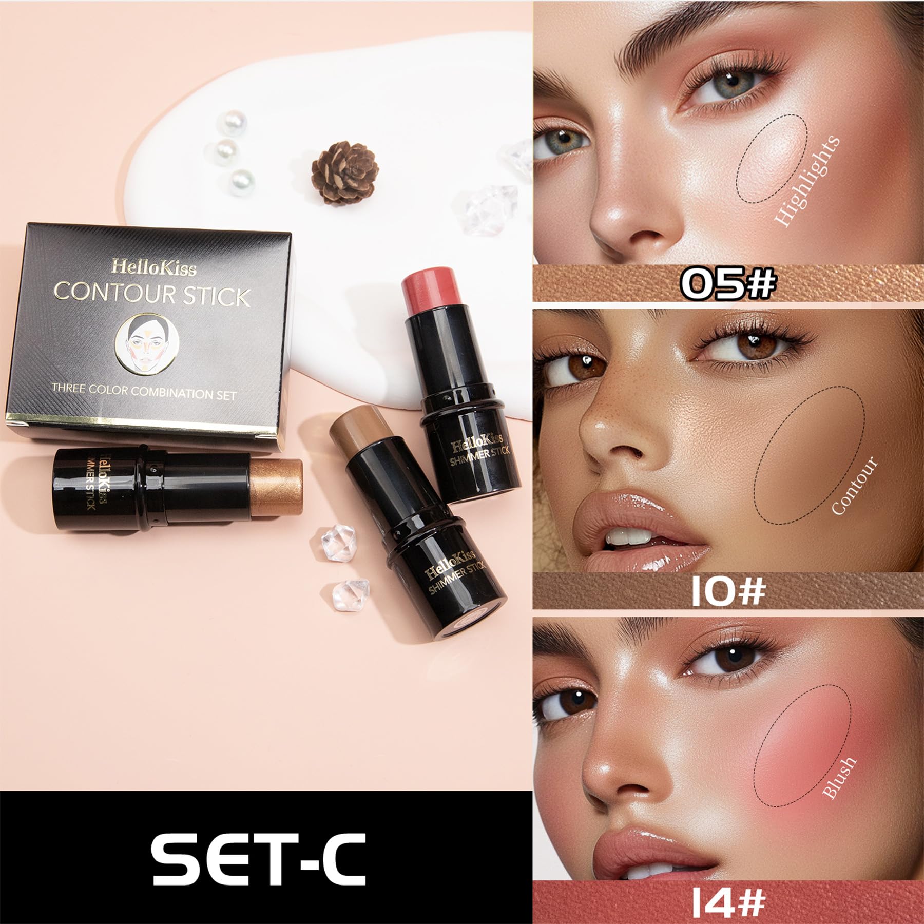 3PCS Contour Highlighter Blush Stick Set - Waterproof Long-Lasting Cream Stick for Cheeks Lips & Eyes, Long-Lasting & Easy to Apply - Image 2
