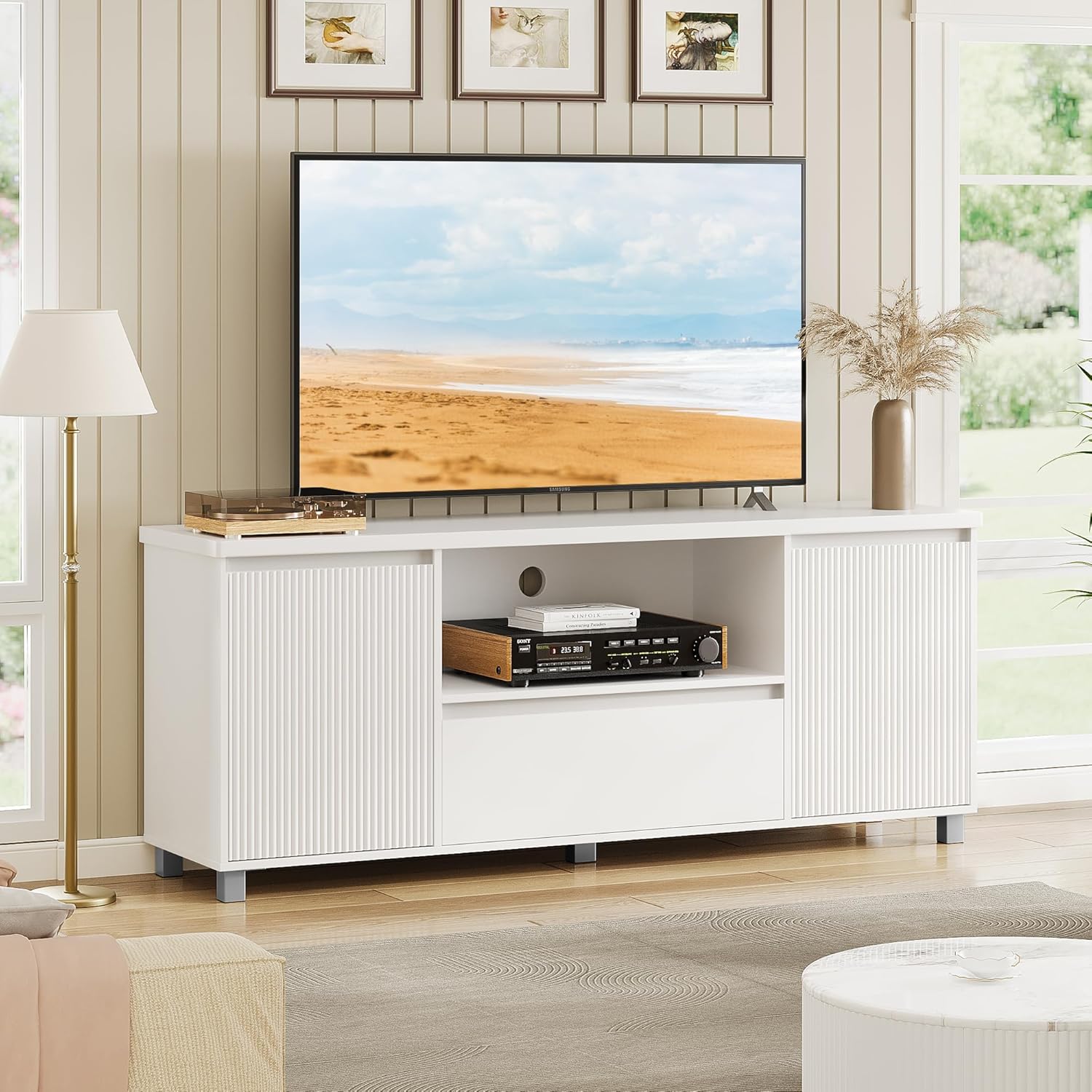 IDEALHOUSE 63in TV Stand for TVs Up to 70", Fluted Entertainment Center with Storage Drawer and Open Shelves, Modern TV Console Media Cabinet for Living Room, Bedroom