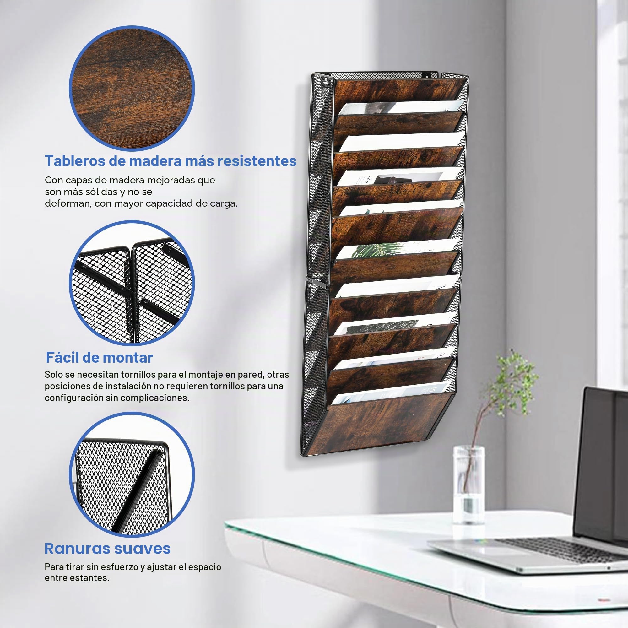 Revistero Pared 10 Niveles Metálico - Organizador Pared A4, Archivador Oficina Porta Documentos y Revistas, Carpeta Colgante para Archivos, Hogar Escuela (Negro/Antiguo)