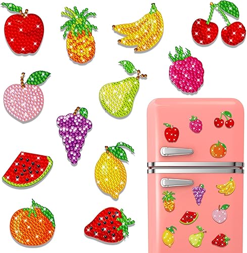 Copkim 12 Pcs Fruit Diamond Painting Magnets Fridge Stickers Magnet Diamond Painting Kits Diamond Art Kits 5D Reflective Automotive Diamond Art for