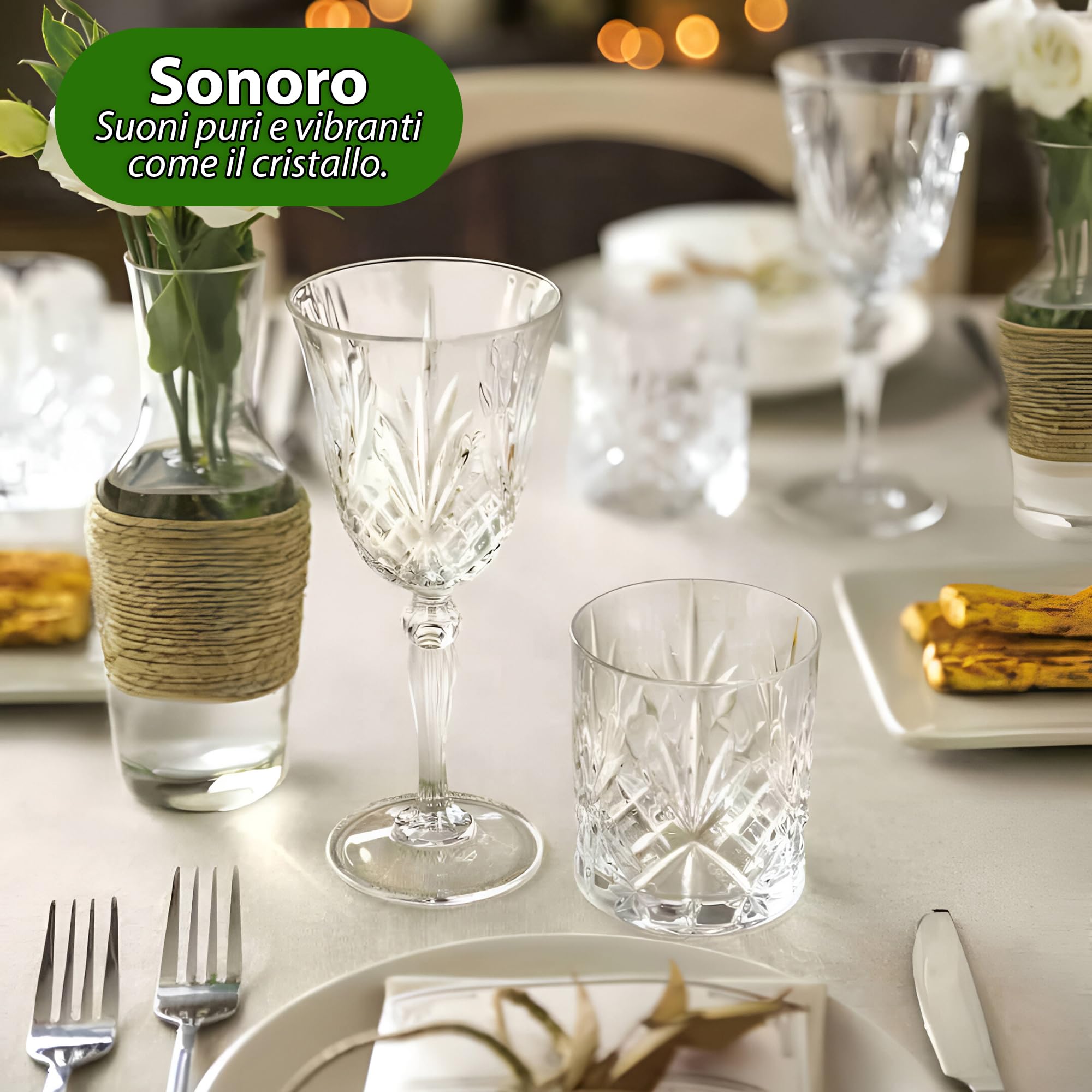 Sicignano | Juego de 12 copas Melodía de cristal – 6 copas de vino CL.27 + 6 copas de agua CL.21, brillantes, resistentes y lavables en lavavajillas, diseño elegante y sostenible