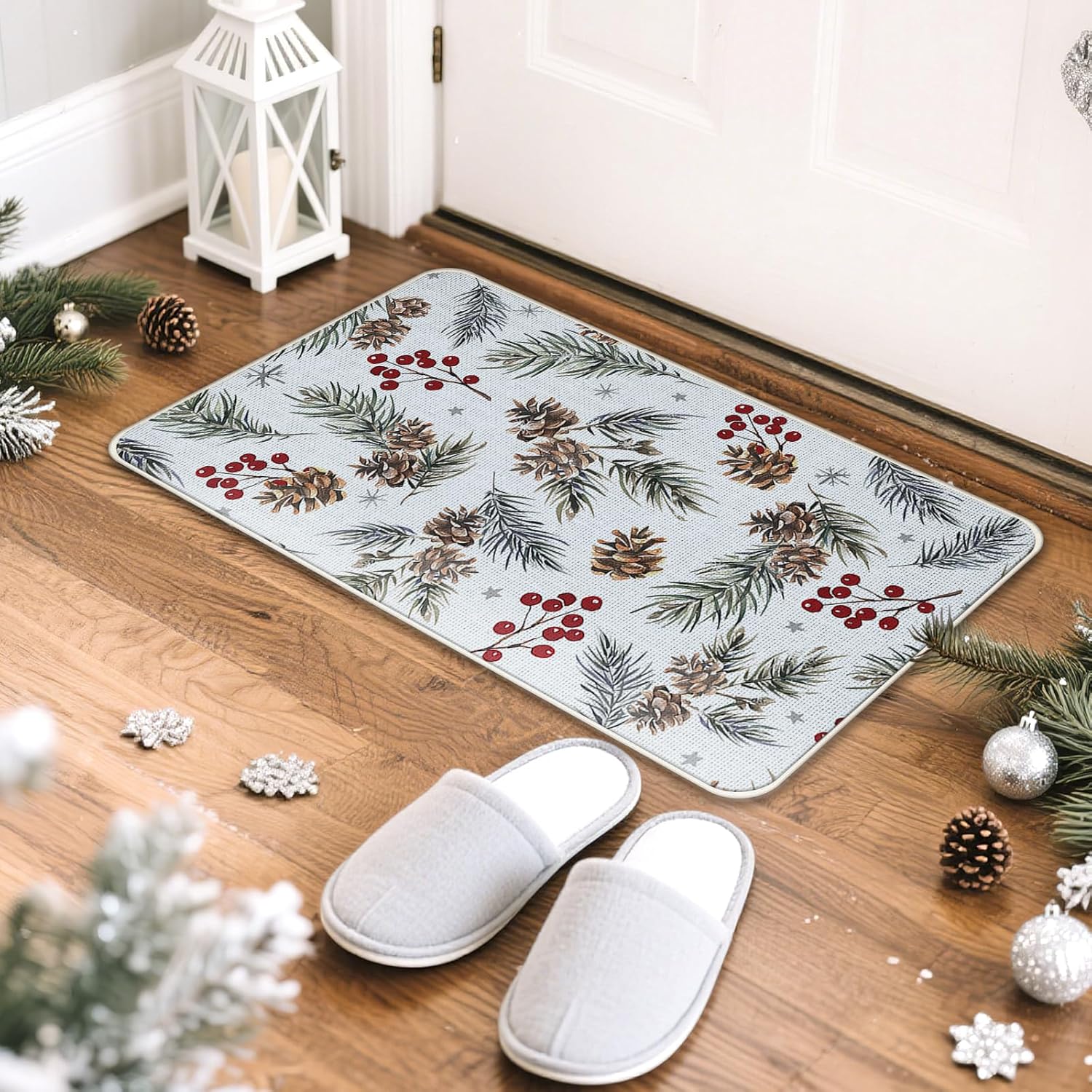 Hello Winter Pine Branches Kitchen Rugs Set of 2, Pine Cones Red Berries Floor Mats Home Decor, Farmhouse Christmas Snowflake Door Mat Decorations - 17x29 and 17x47 Inches
