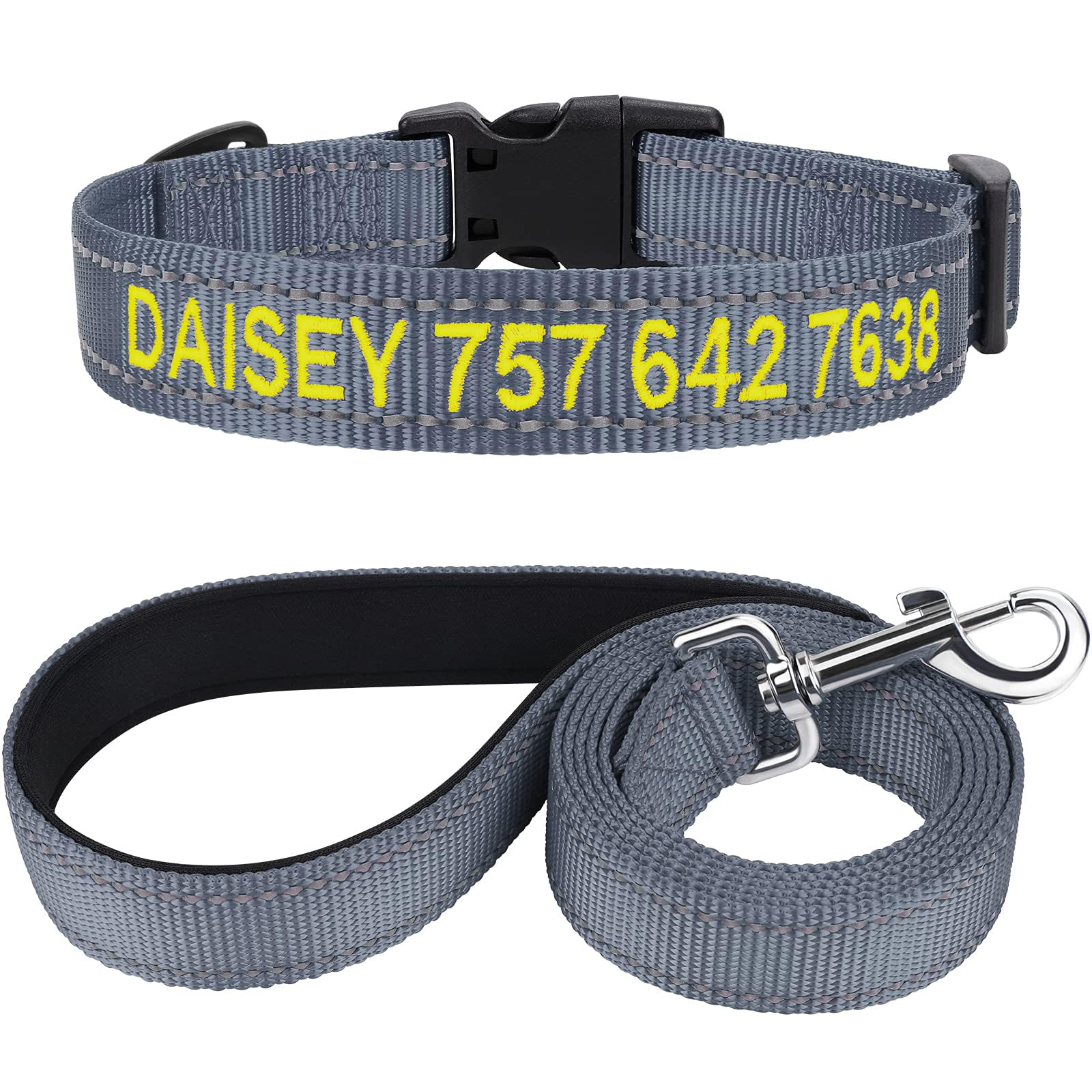 TagME Personalized Dog Collar and 5FT Leash Set, Embroidered Dog Collar with Name and Phone Number for X-Large Dogs,Grey