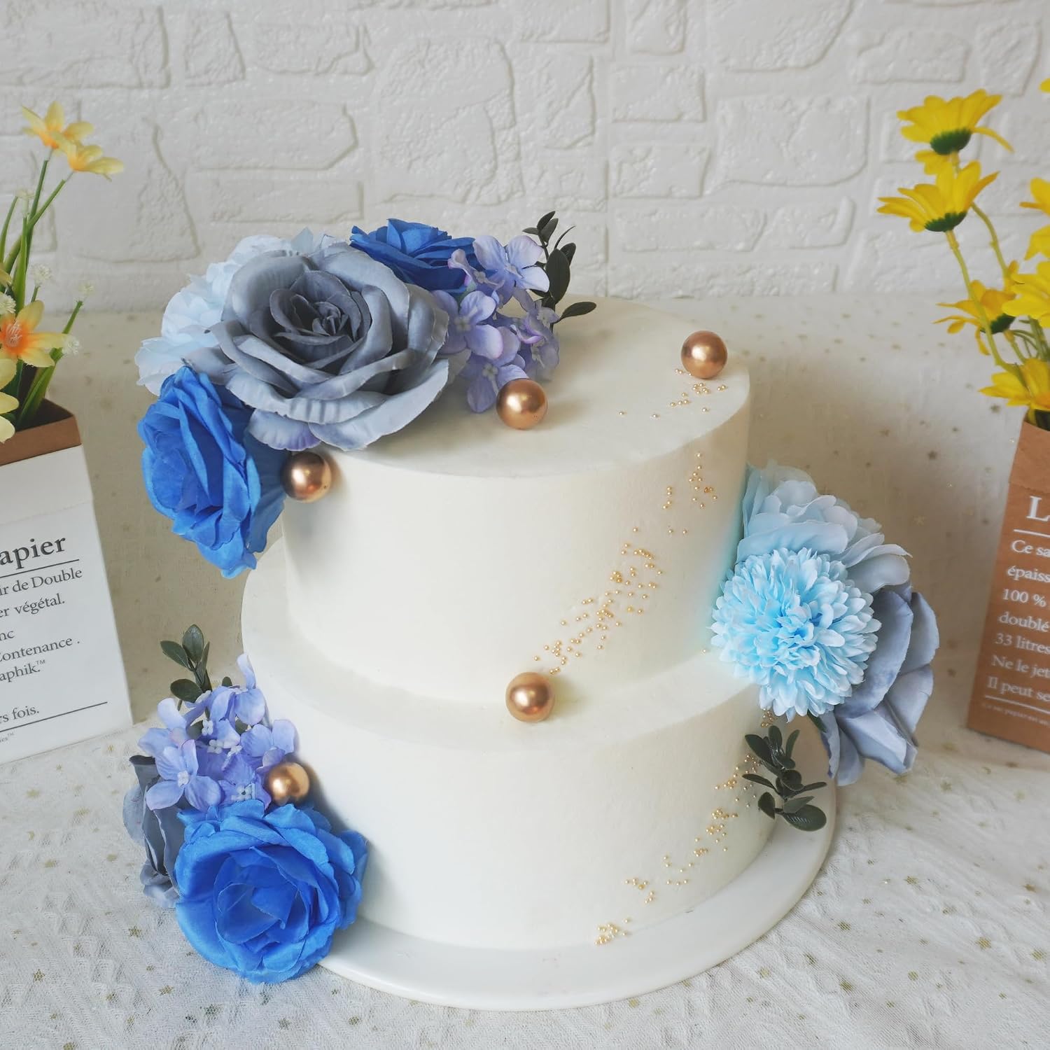 Boho Cake Toppers Blue Flower Cake Topper Artificial Rose hydrangea Cake Decorations for Women Girl Lady Birthday Party Wedding Baby Shower Boho Flower Theme Party Supplies (Style 2)