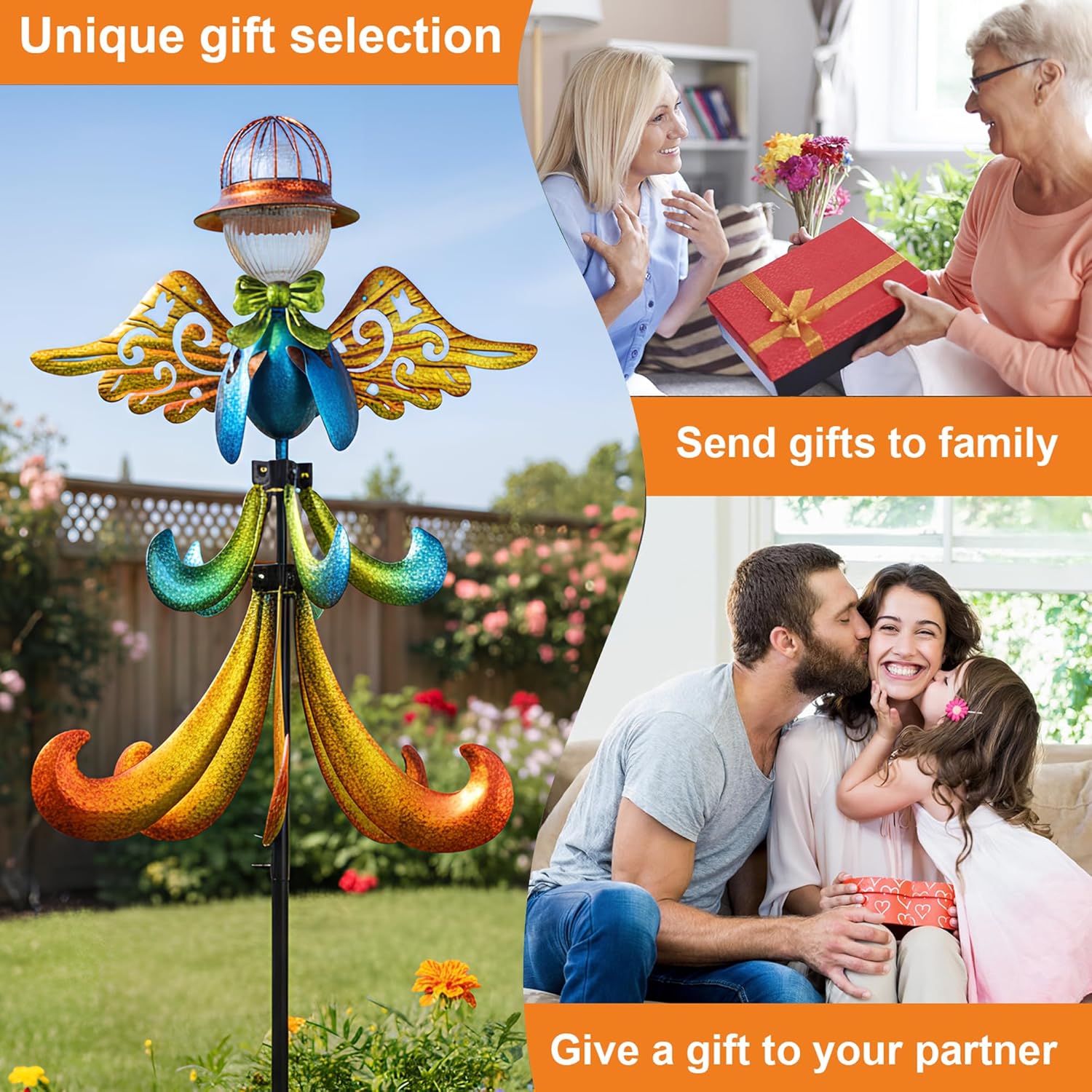 Large Outdoor Wind Spinner with Solar LED Light, Metal Angel Wind Garden Wind Turbine Stake, Weather-Resistant Decorative Solar-Powered Yard Art for Lawn, Patio & Garden