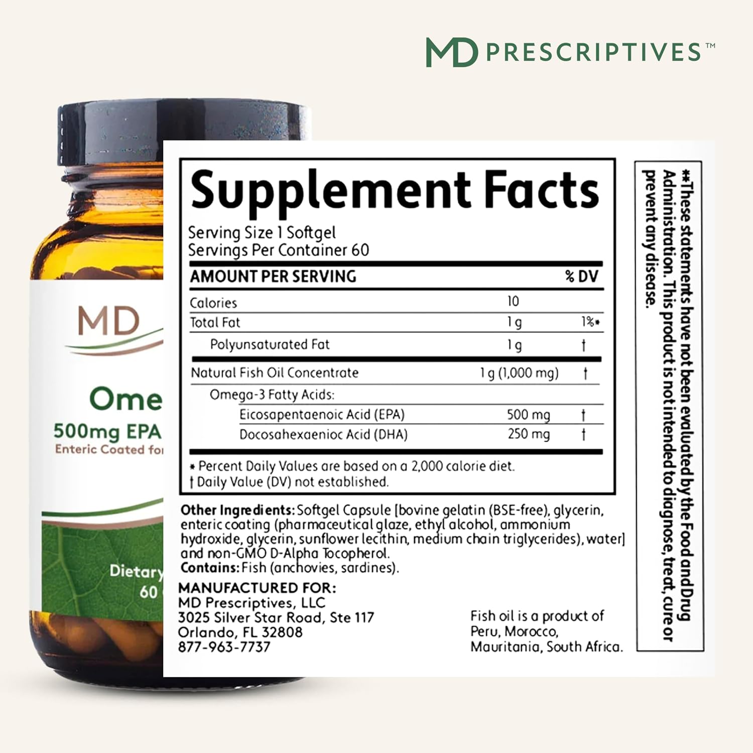 MD Prescriptives Omega MD Supplement - 500 EPA & 250 DHA Omega 3 Fish Oil - Supports Brain Health & Joints* - No Fishy Smell - 60 Softgels