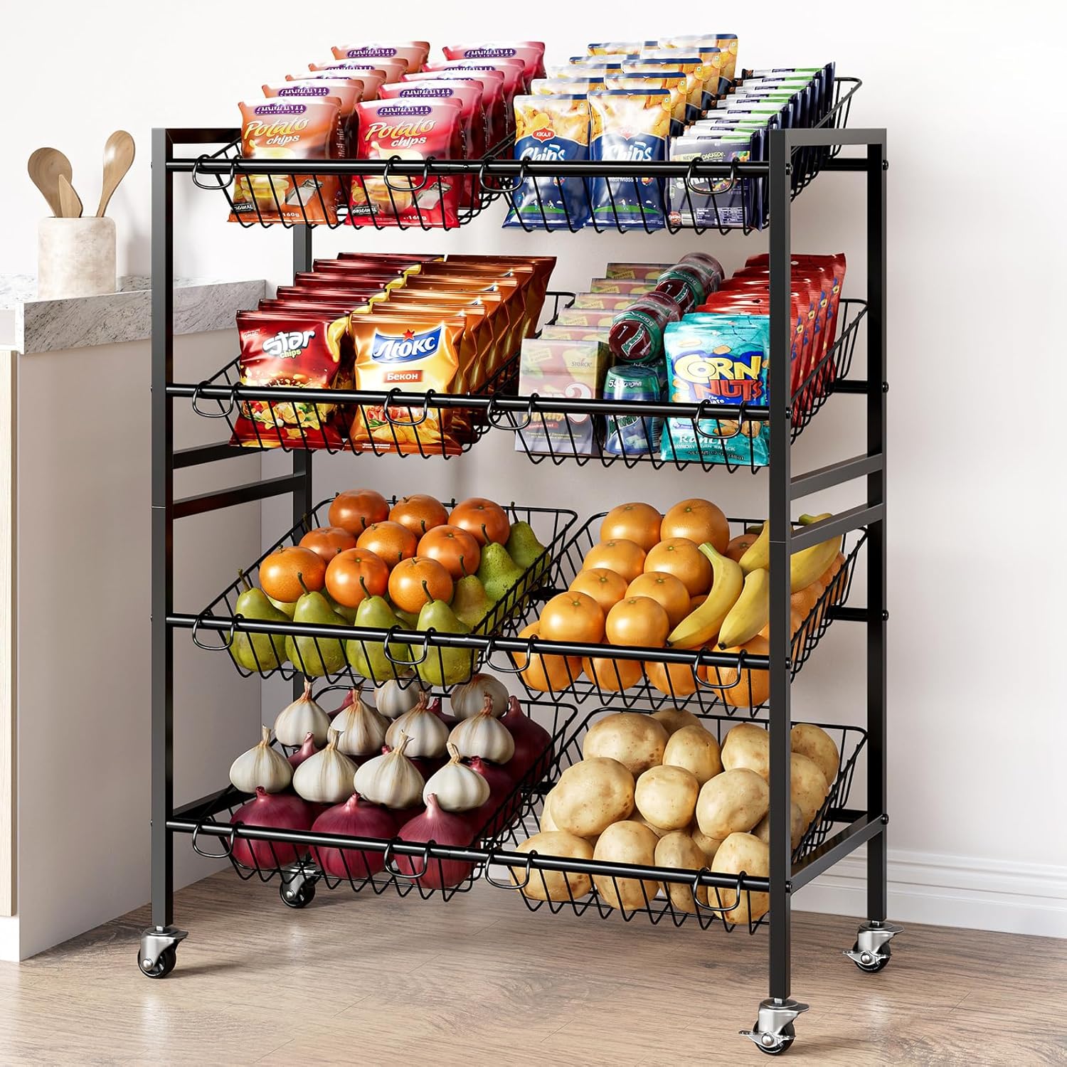 Evermagin 25.2''W Kitchen Storage Cart, Rolling Snack Cart, 4 Tier Fruit Basket Vegetable Stand, Metal Pantry Storage Organizer with 8 Removable Baskets for Onion Potato, Black - Image 4