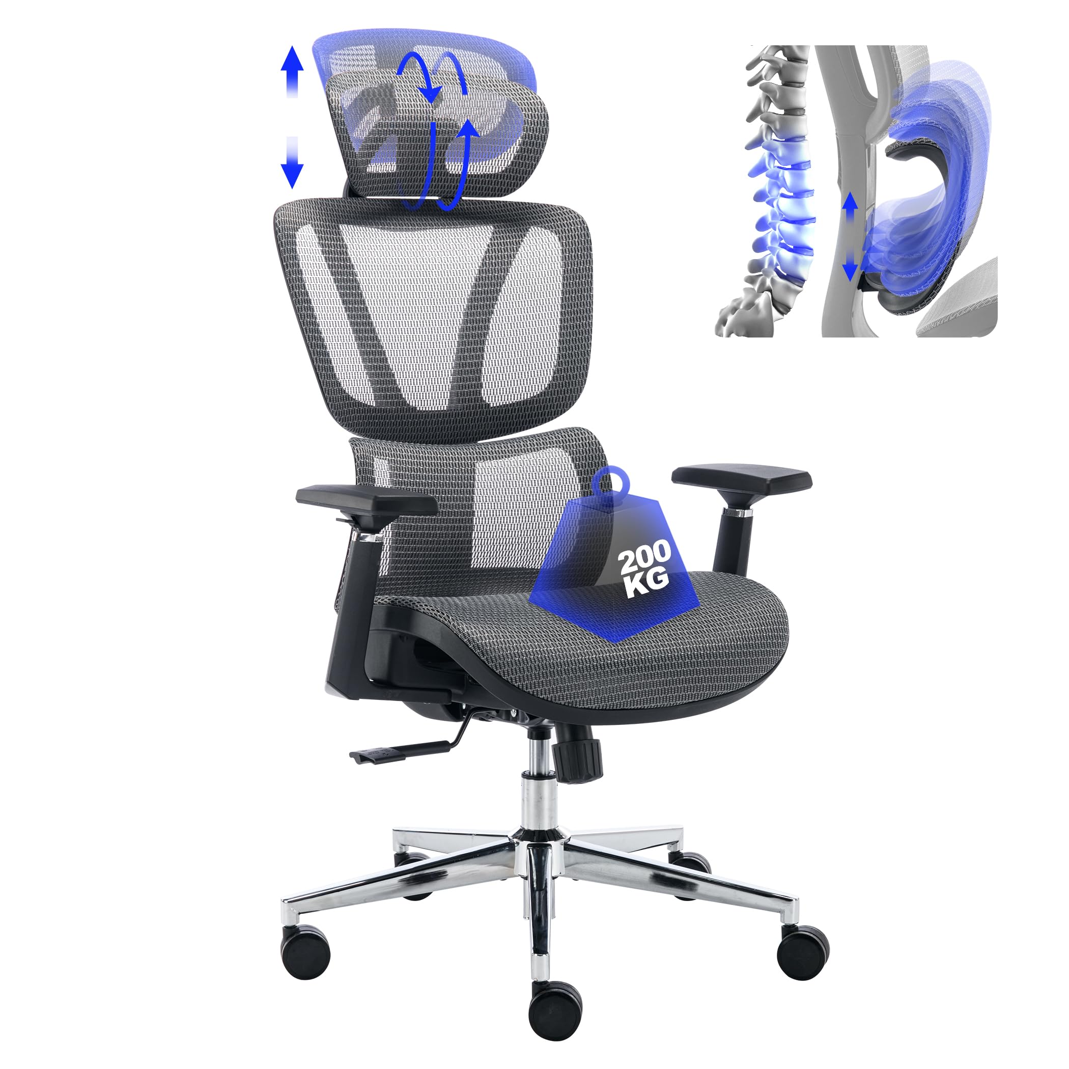 Chaise Bureau Ergonomique TRALT En Maille - Dossier Haut Avec Appui-Tête Réglable