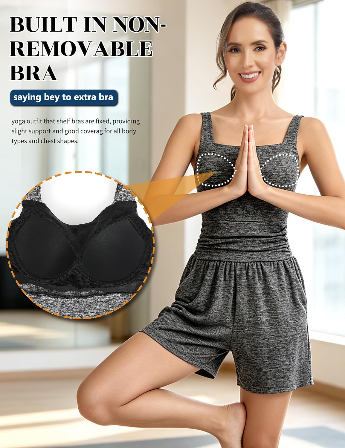 SLIMBELLE Built in Bra Athletic Rompers for Women Summer Square Neck Adjustable Strap Pleat Waist Pockets Short Jumpsuit