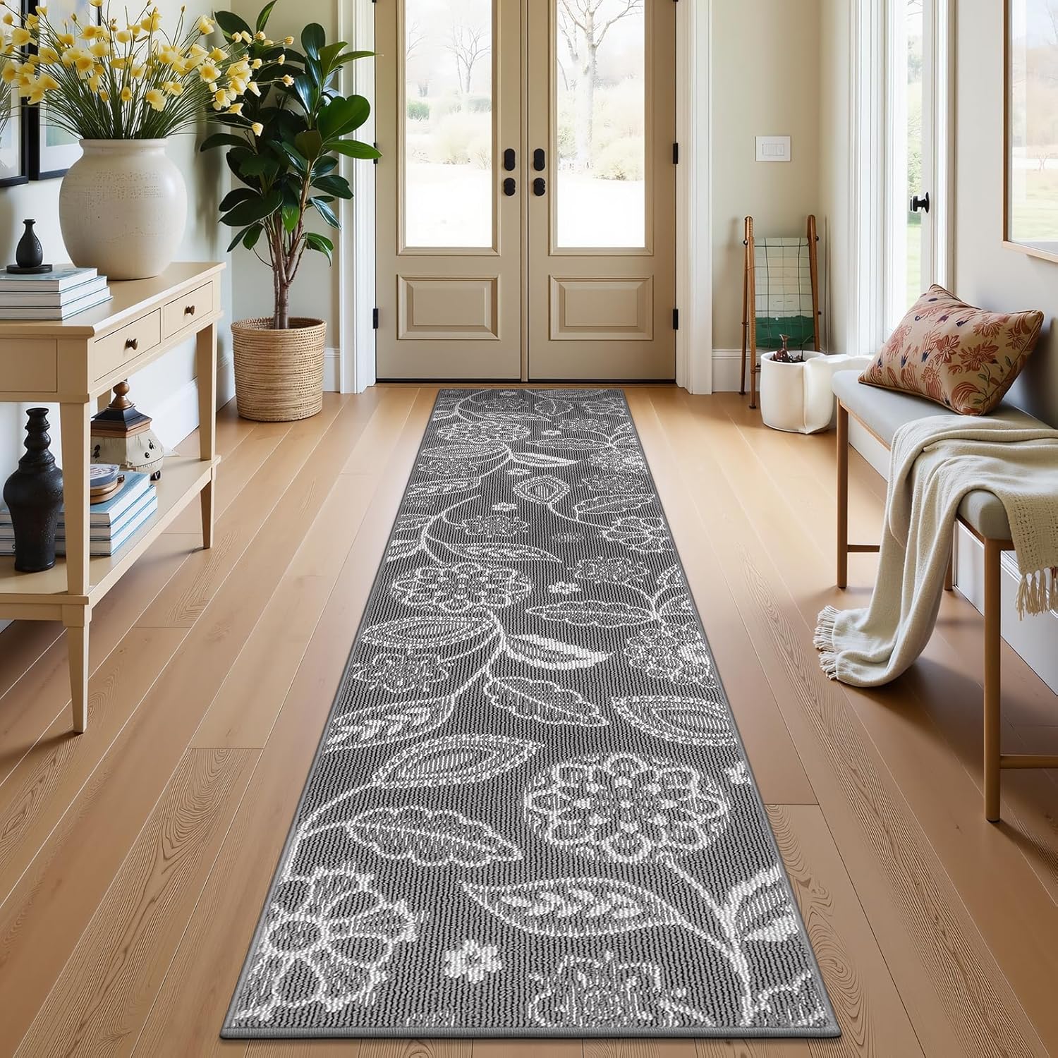 2x10 Washable Runner Rug with Non Slip Backing, Absorbent & Dirt-Trapping, Gray and White High-Low Textured Floral Hallway Carpet for Kitchens, Laundry Rooms, Bathrooms, Entryways - Image 7