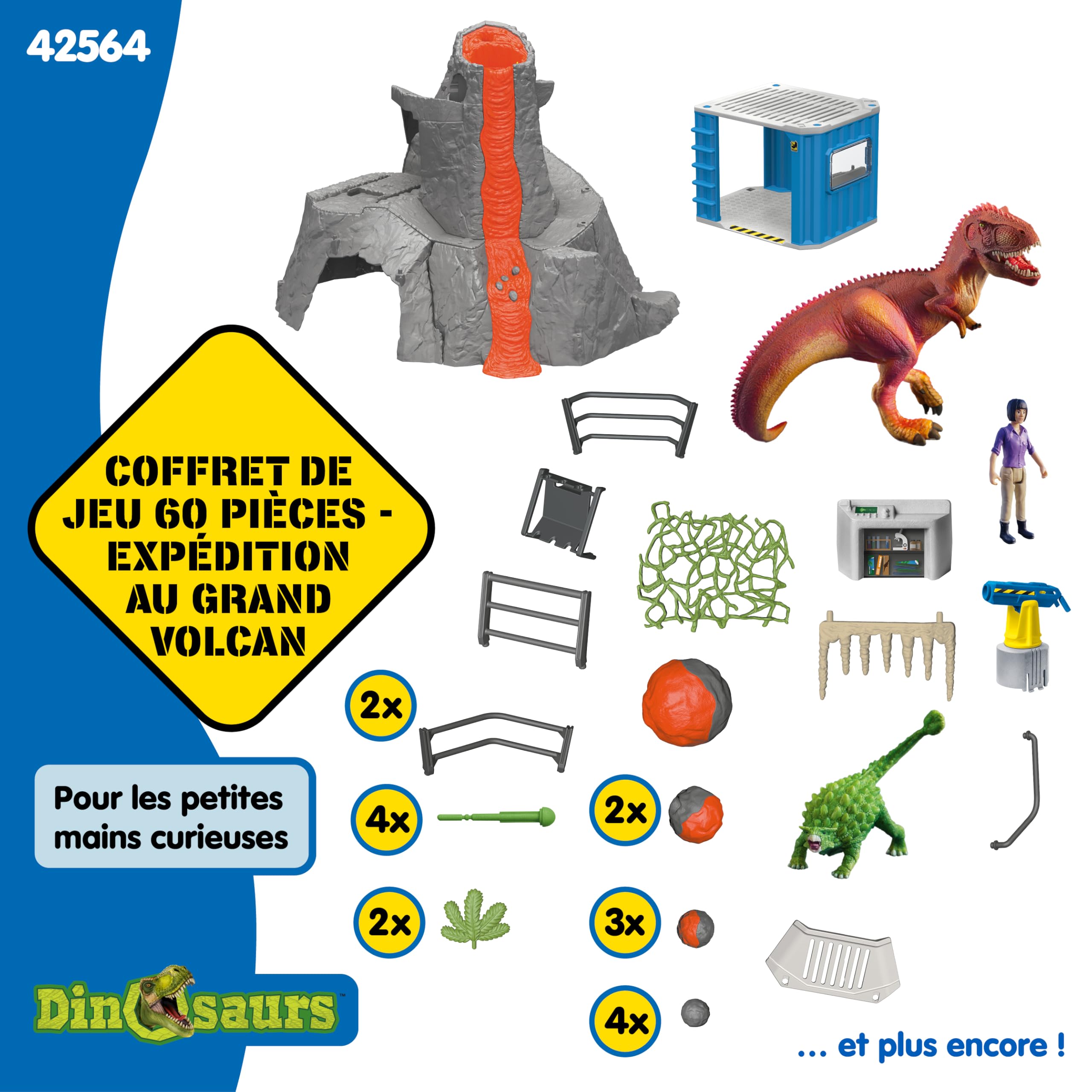 Schleich Dinosaurs - 42564 Expédition au Grand Volcan, Set de Figurines Dinosaures avec Un Volcan en éruption LED, Une Figurine de chercheuse et 2 Jouets Dinosaures pour Enfants âgés de 5 Ans et Plus