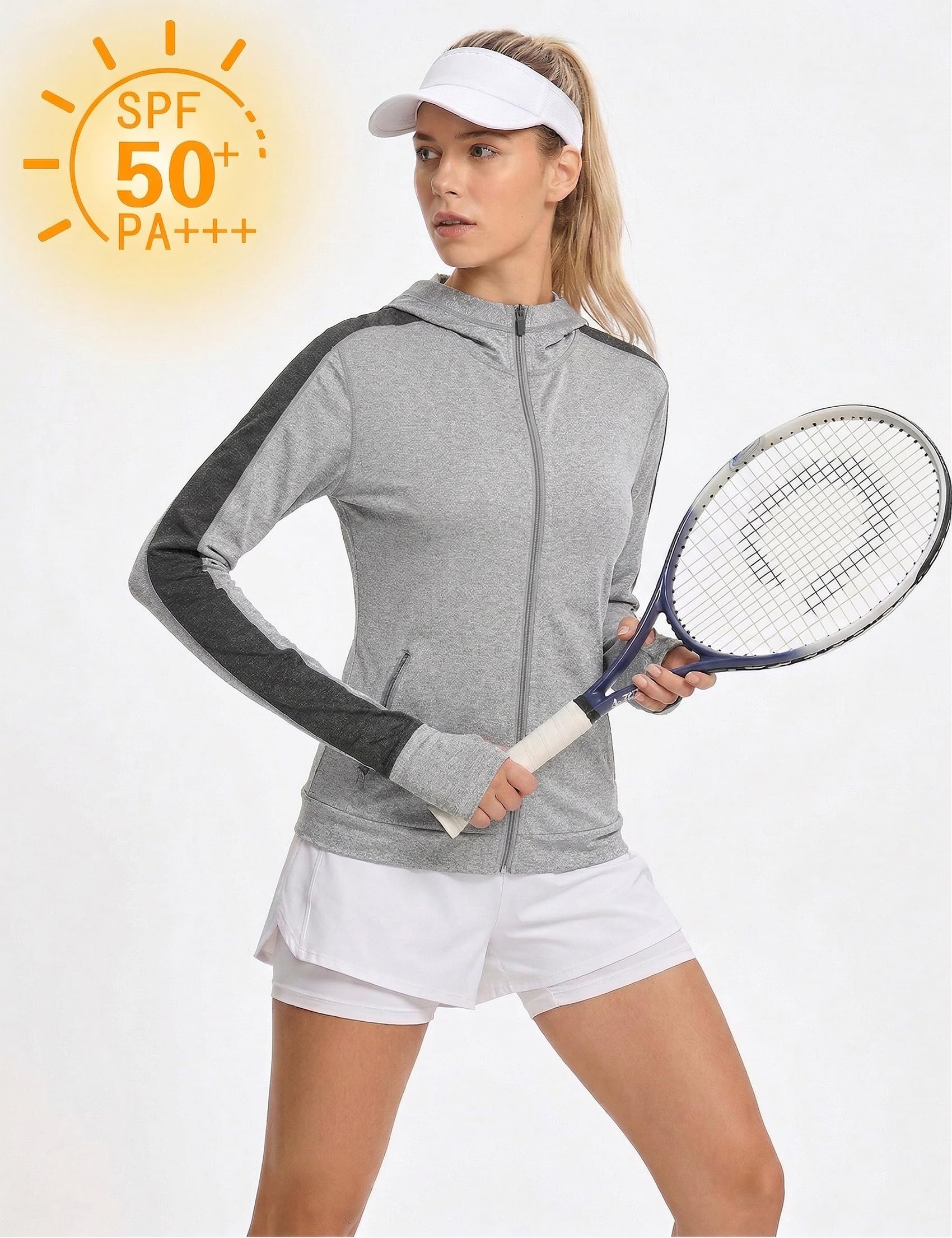 Damska kurtka do biegania, sportowa kurtka z długim rękawem, kurtka treningowa, bluza z kapturem, oddychająca, z otworem na kciuk i kieszenią, do biegania, jogi, fitnessu, szary, M