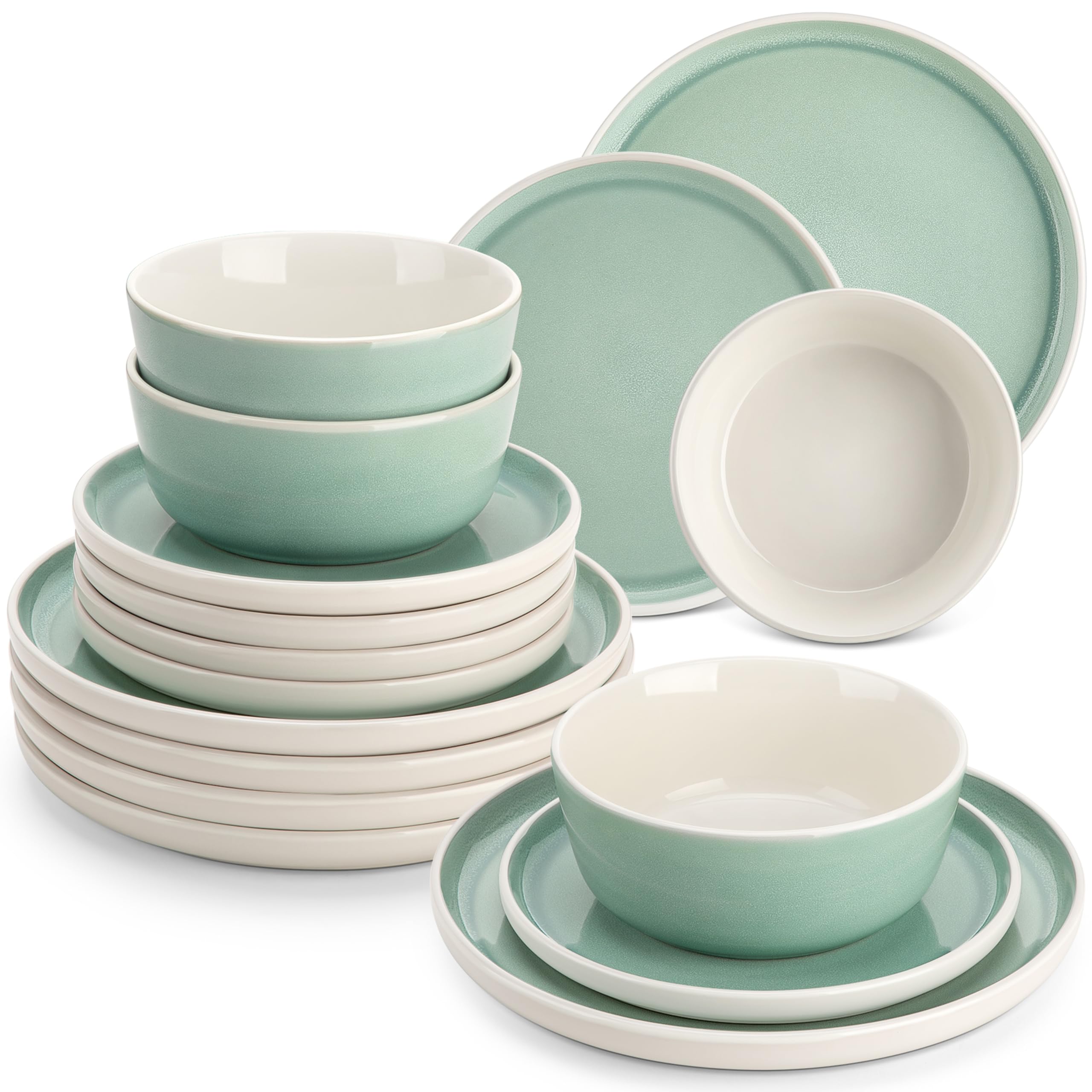 Steingut Geschirrset 6 Personen, vancasso Serie ELBA 18-tlg., Modern Geschirr Set in Türkis mit Speiseteller Dessertteller Müslischüsseln,Tafelservice 6 Personen,Schüssel- und Teller Set mit Stehrand