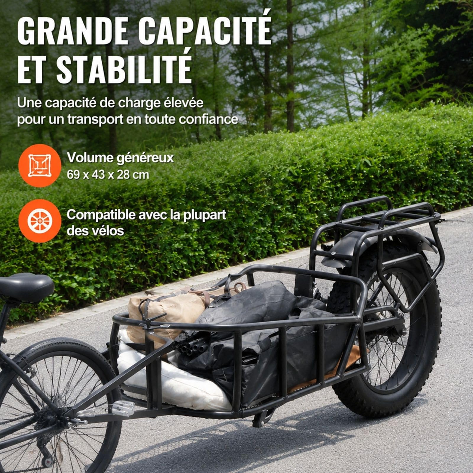 Remorque de vélo pour fret, capacité de Charge 32 kg, Structure à dégagement Rapide, Rangement Compact, Cadre en Acier au Carbone