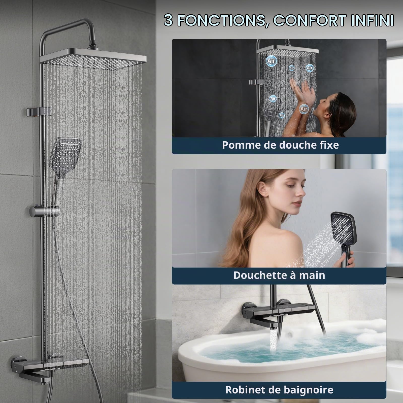 Colonne de Douche, 3 in 1 Kit Douche Complet LED Affichage Numérique, 31x20CM Tête de Pluie, Douchette et Robinet de Baignoire Rétractable, Colonne Douche Hydromassage avec Barre de Douche 135cm