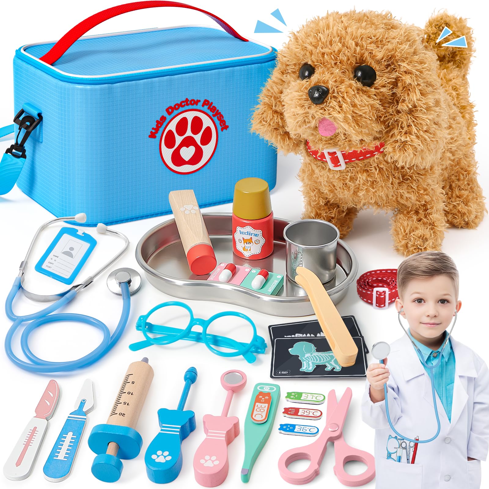 Kit for Kids Toddlers Toys Dog Vet Set, Wooden Veterinarian  Playset with Walk Bark Electronic Interactive Puppy Costume Medical Bag  Pet