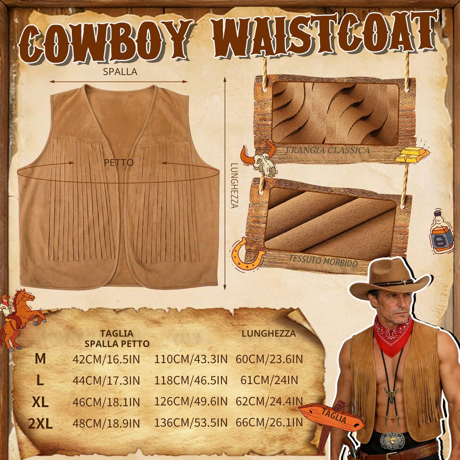 5 Pezzi Cowboy Costume Accessori Uomo Western Cowboy Fancy Dress Set con Cappello Gilet Bandana Bolo Fibbia Cintura Collare per Carnevale Cosplay Fantasia