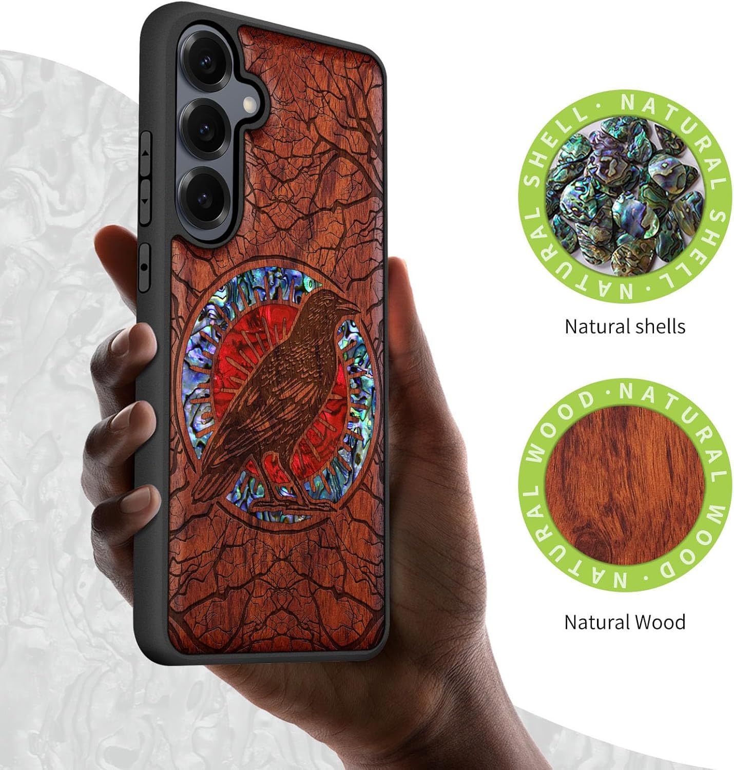 Carveit Magnetic Wooden Case for Galaxy S25+ / S25 Plus Case, Wood Artisan Engraved & Handmade Shell Inlaid, Compatible with MagSafe Wireless Chargers (The Haloed Crow) Rosy