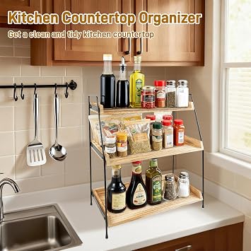 3 Tier Coffee Station Organizer, Wooden Coffee Storage Spice Rack Kitchen Shelf for Coffee Tea Accessories | Large Capacity Countertop Shelf 42*37*18CM