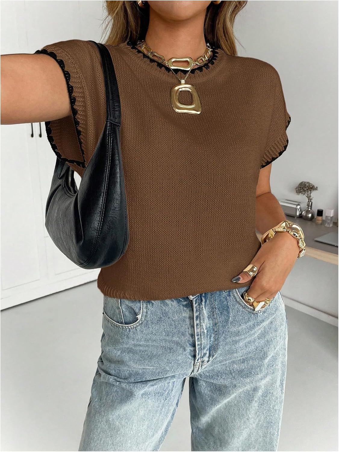 SOLY HUX Women's Short Sleeve Sweater 3D Floral Sweaters Pullover Tank Tops Knit Vest Trendy Fashion Clothing - Image 2