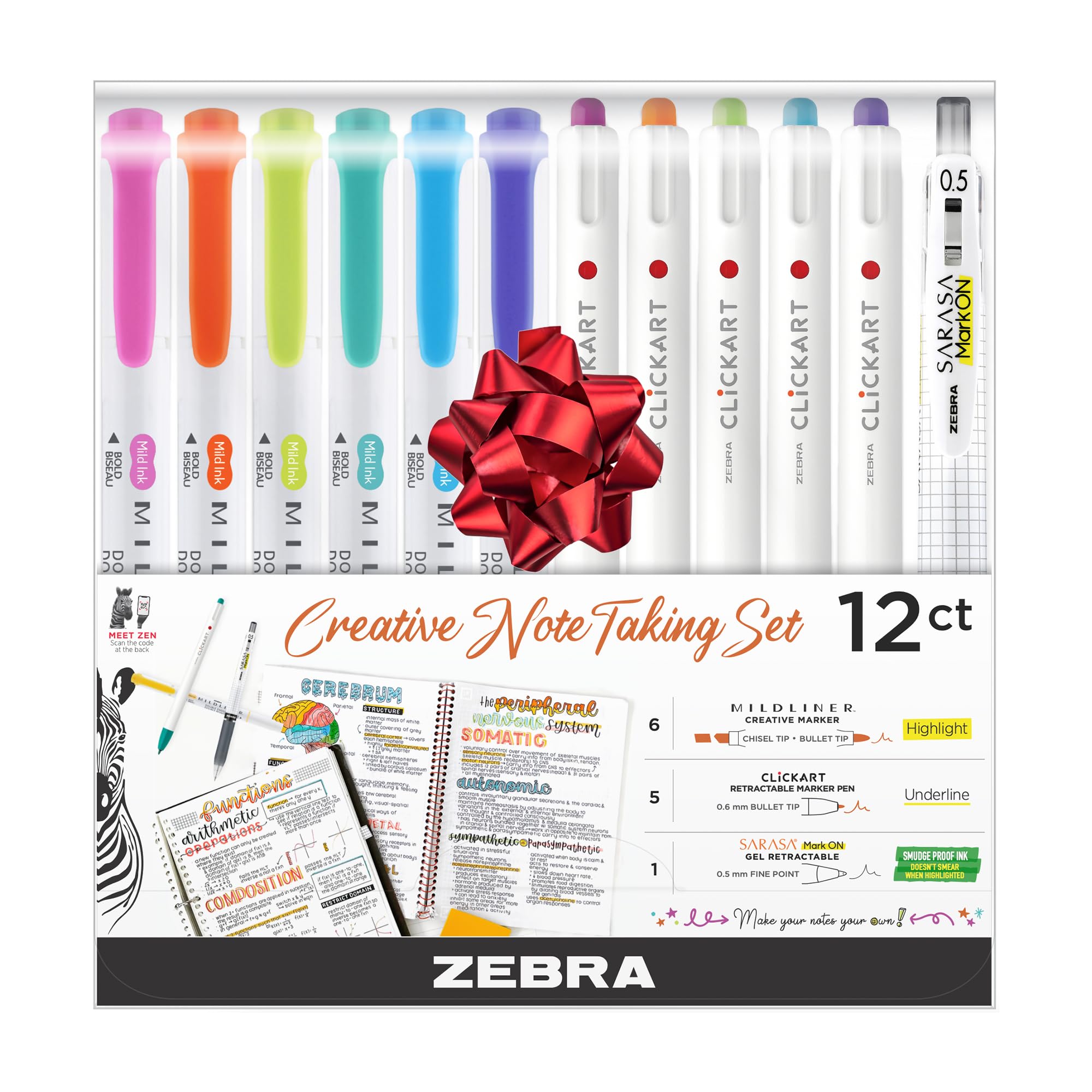 Zebra Pen Creative Notetaking Set, Includes 6 Highlighters, 5 ClickArt Retractable Marker Pens, and 1 Sarasa Retractable Gel Pen, Assorted Ink Colors, 12-Pack