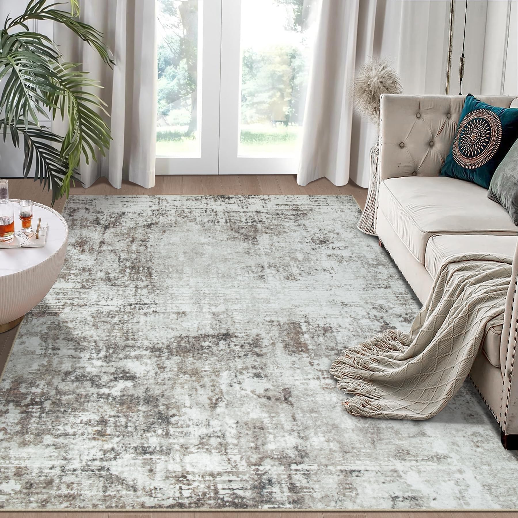 5x7 Area Rugs for Living Room Rug Washable: Modern Rug for Dining Room Bedroom Carpet Non Slip Low Pile 5 by 7 Indoor Abstract Nursery Home Office Brown Grey