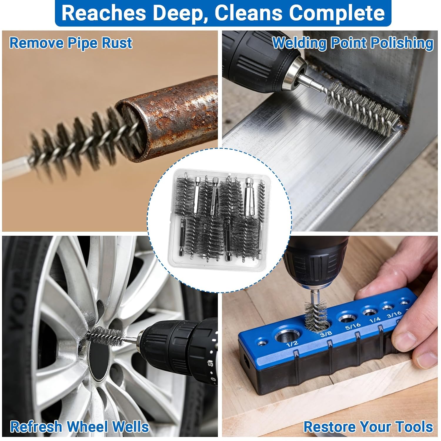Wayona 12PCS Sizes Stainless Steel Bore Brush Set (5/16"-1-3/16"), Wire Brushes for Drill Rust Removal,Drill Wire Brush Attachment for Cleaning with 1/4" Hex Shank image 2