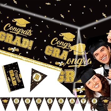 Graduation Decorations Tablecloth Set, Class of 2026 Graduation Party Supplies Gongrats Grad Tablecover Decor for High School University Graduates Party, Black and Gold Table Cloth with Banner