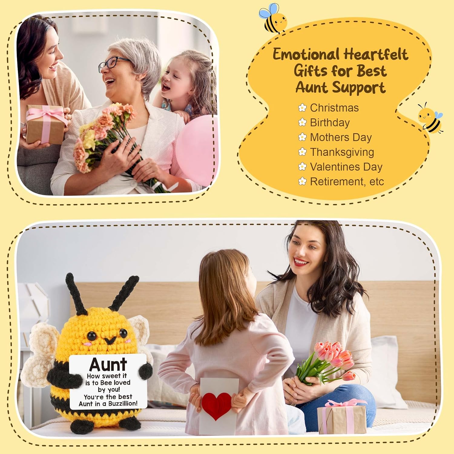 LEJIAJINW Aunt Gifts, Gift for Aunt Mothers Day Valentines Birthday, from Niece Nephew, Mother's Day for Auntie Best Aunts Ever Gifts Emotional Mini Easter Basket Stuffer Handmade Crochet Bee - Image 6