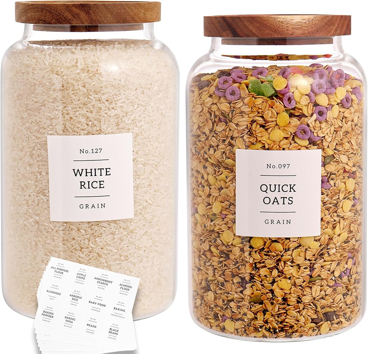CZHQSMZ Juego de 2 tarros de vidrio grandes con tapa hermética de acacia y 132 etiquetas para despensa de cocina, tarros de vidrio transparente para almacenamiento de alimentos, recipientes para arroz, harina, pasta, azúcar, café, galletas y más (98 fl oz/2800 ml)