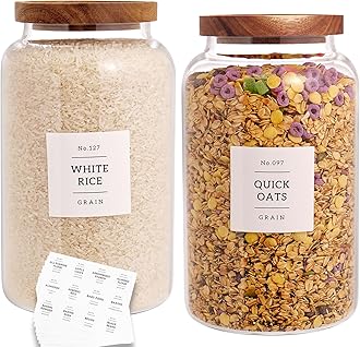 CZHQSMZ Set Of 2 Large Glass Jar with Wooden Lid with 132 Labels, Glass Storage Jars for Flour Pasta Candy Coffee Cookie and More(98 FL OZ/2800 ml)