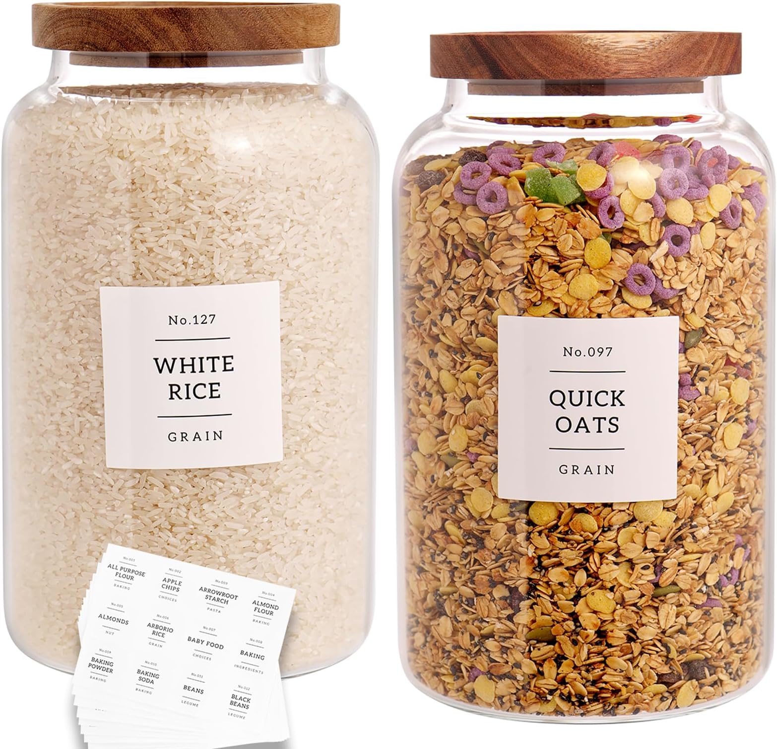 CZHQSMZ Set of 2 Large Glass Jar with Airtight Acacia Lid and 132 Kitchen Pantry Labels, Clear Glass Food Storage Jars Containers for Rice Flour Pasta Sugar Coffee Cookie and More(98 Fl Oz/2800 Ml)
