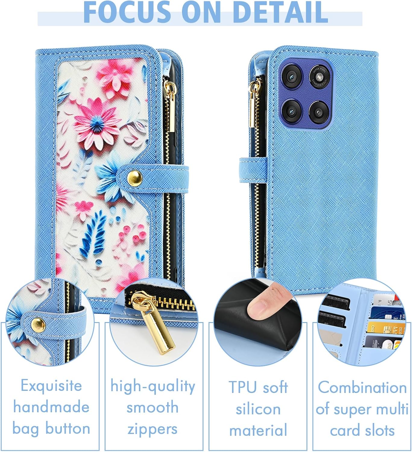 Floral Wallet Case for Motorola Moto G Stylus 5G 2025 with Wrist/Shoulder Strap Flip Zipper Purse, Luxury PU Leather Credit ID Card Holder Stand Accessories Cell Phone Cover for G5 Women Blue