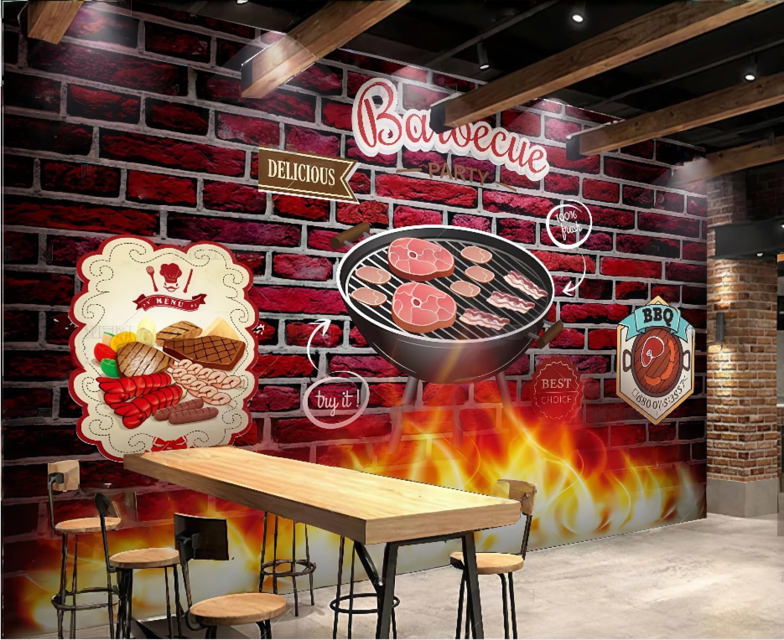 XDOUBAO Wallpaper Personalized Flame Brick Wall Hand-Painted Barbecue Theme Cuisine Afternoon Tea Western Restaurant Background Wall Wallpaper Coffee Shop Mural,3D,400x280cm