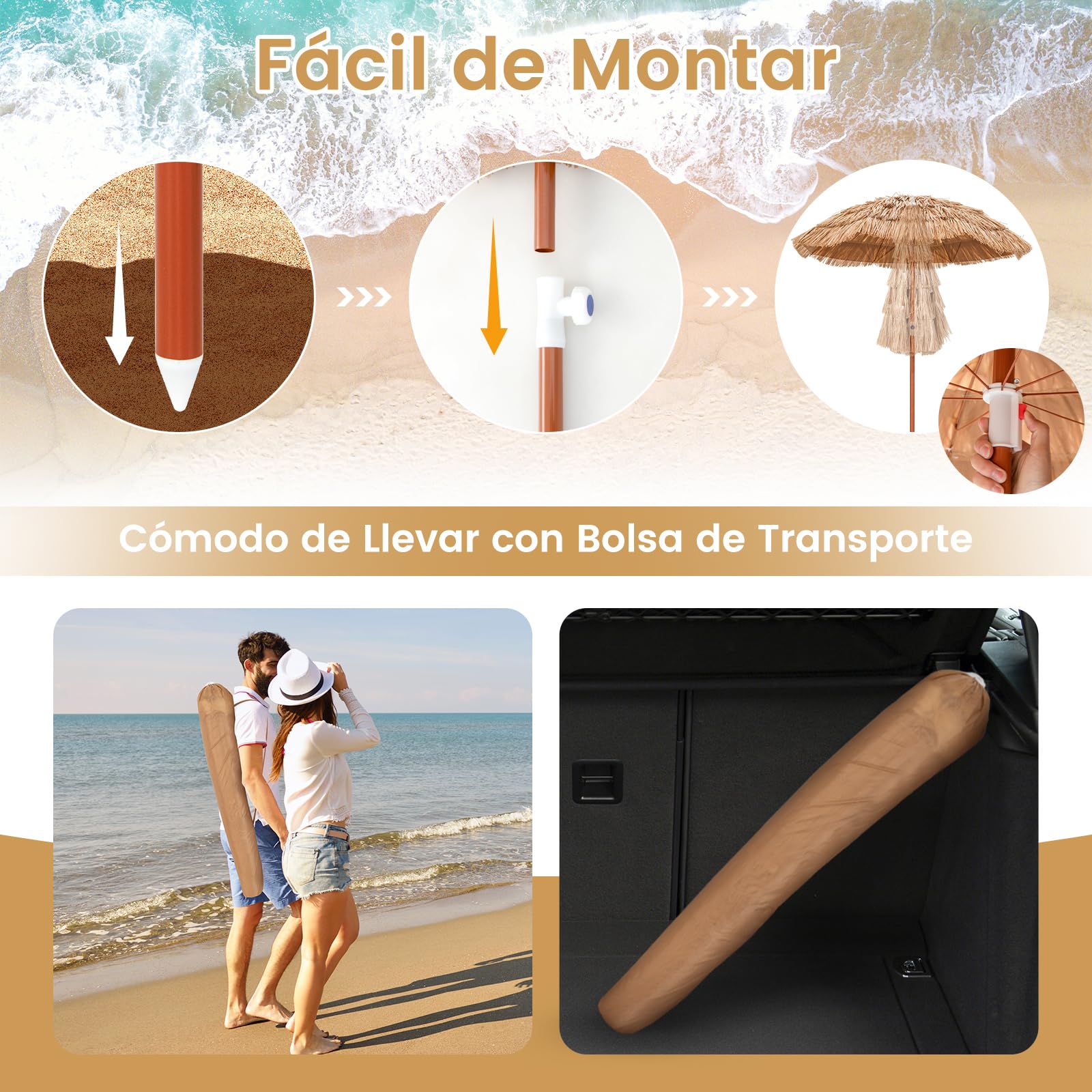 RELAX4LIFE Sombrilla Playa Ø175cm de Paja de PP con Inclinación y Altura Regulable 140-190cm, Sombrilla Tropical Hawaiana con 8 Varillas, Barra Desmontable y Bolsa de Transporte, Sin Base, Natural