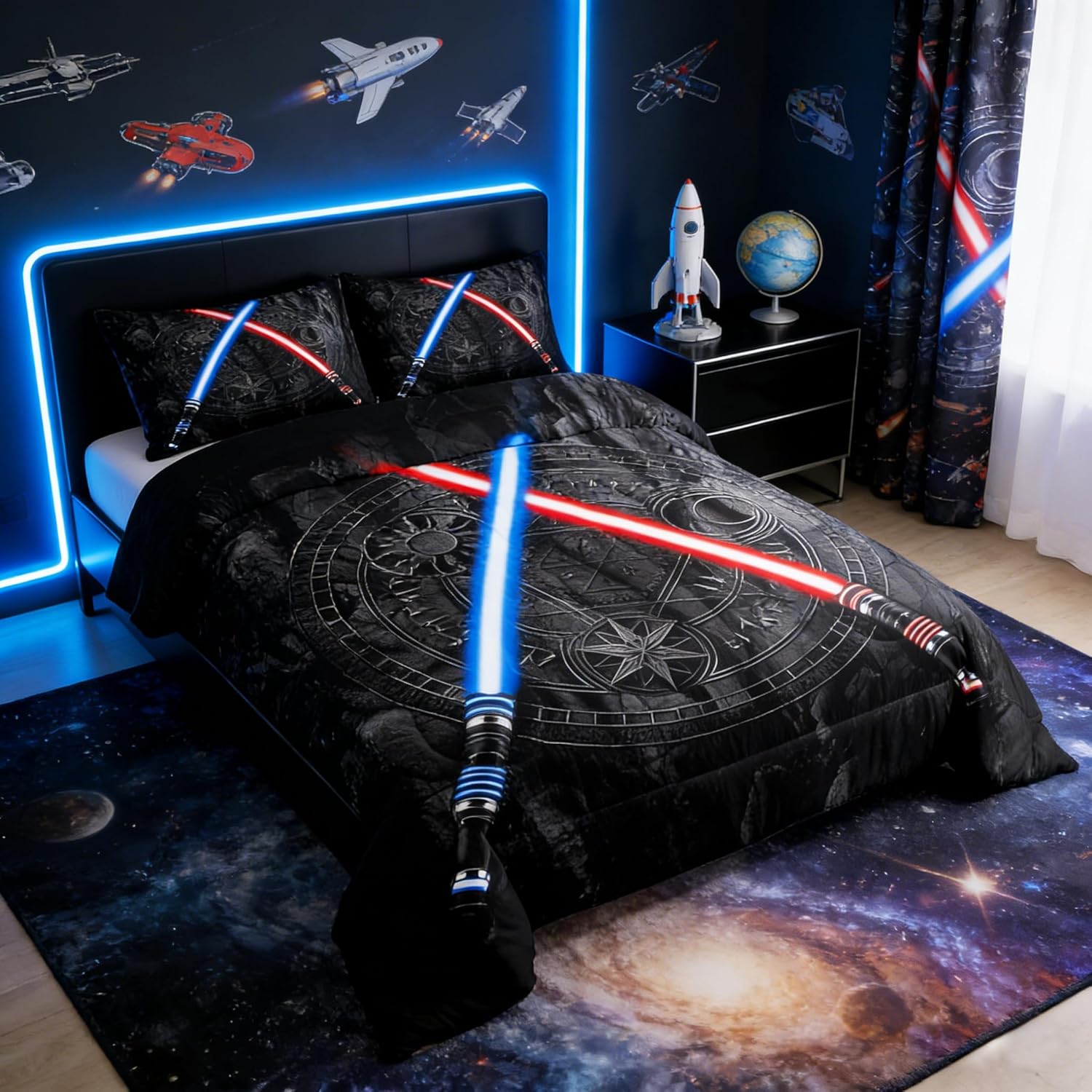 Castle Fairy Lightsaber Comforter Set Full Size 3D Neon Blue Red Bedding Set 3Pcs Geometric Sun Moon Round Quilt Set for Kids Boys Girls Teens Room Decor Fashion Vintage Stone Wall Duvet Insert,Black
