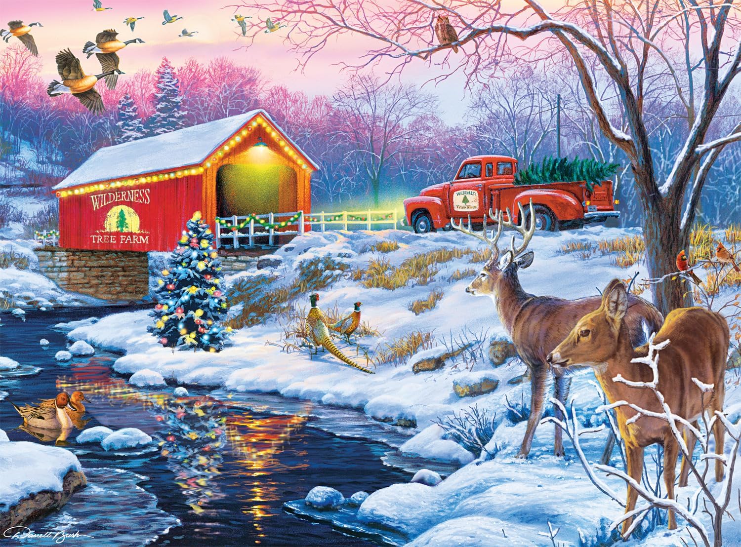 Buffalo - 1000 Piece Darrell Bush Christmas in the Country Jigsaw Puzzle - Winter, Holiday Scene with Deer and Christmas Tree - Challenging Puzzles for Adults and Families